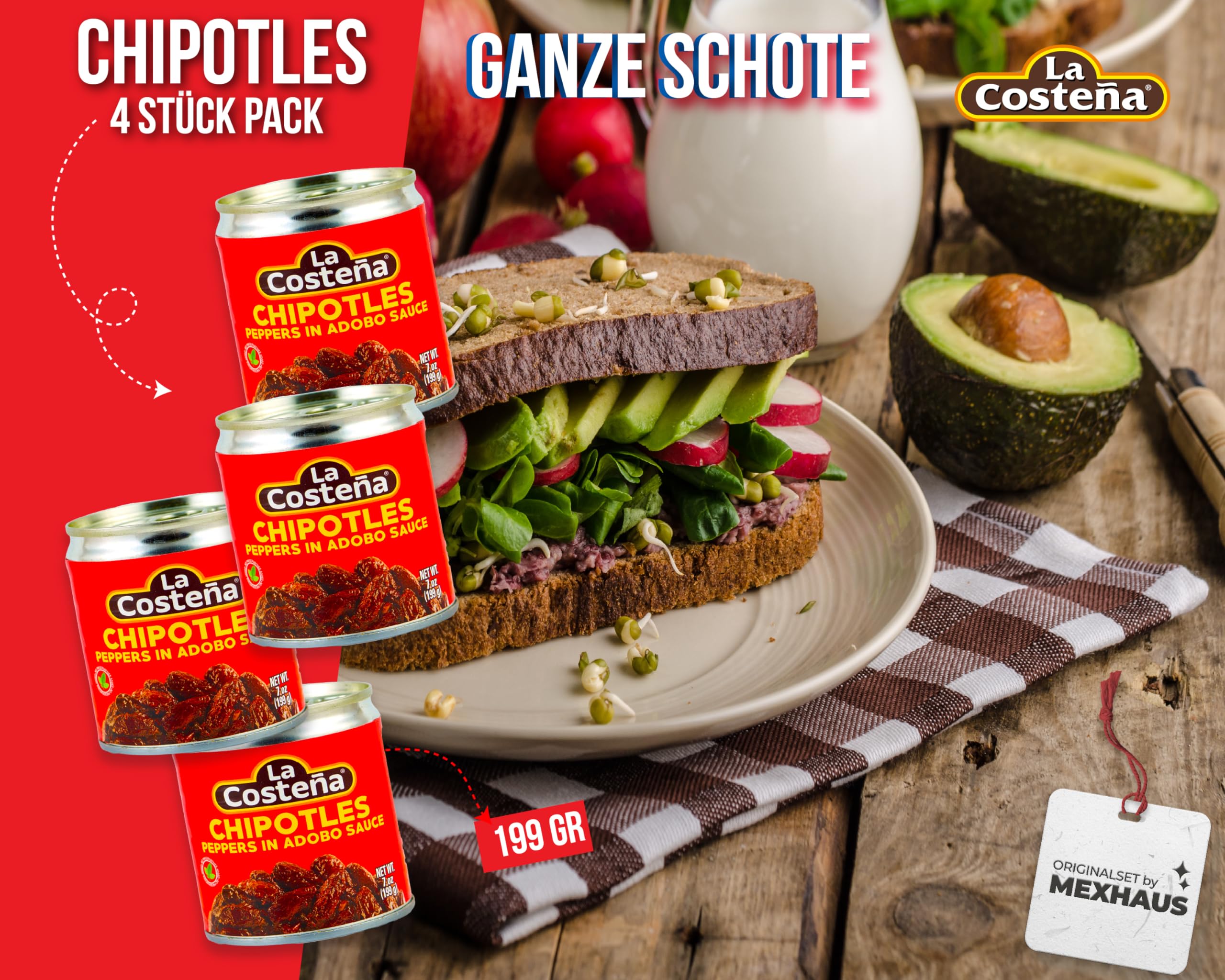 Piments chipotle en sauce adobo de La Costeña Lot de 4 (199 g chacun) Piments fumés et piquants dans une sauce tomate épicée Idéal pour les plats mexicains