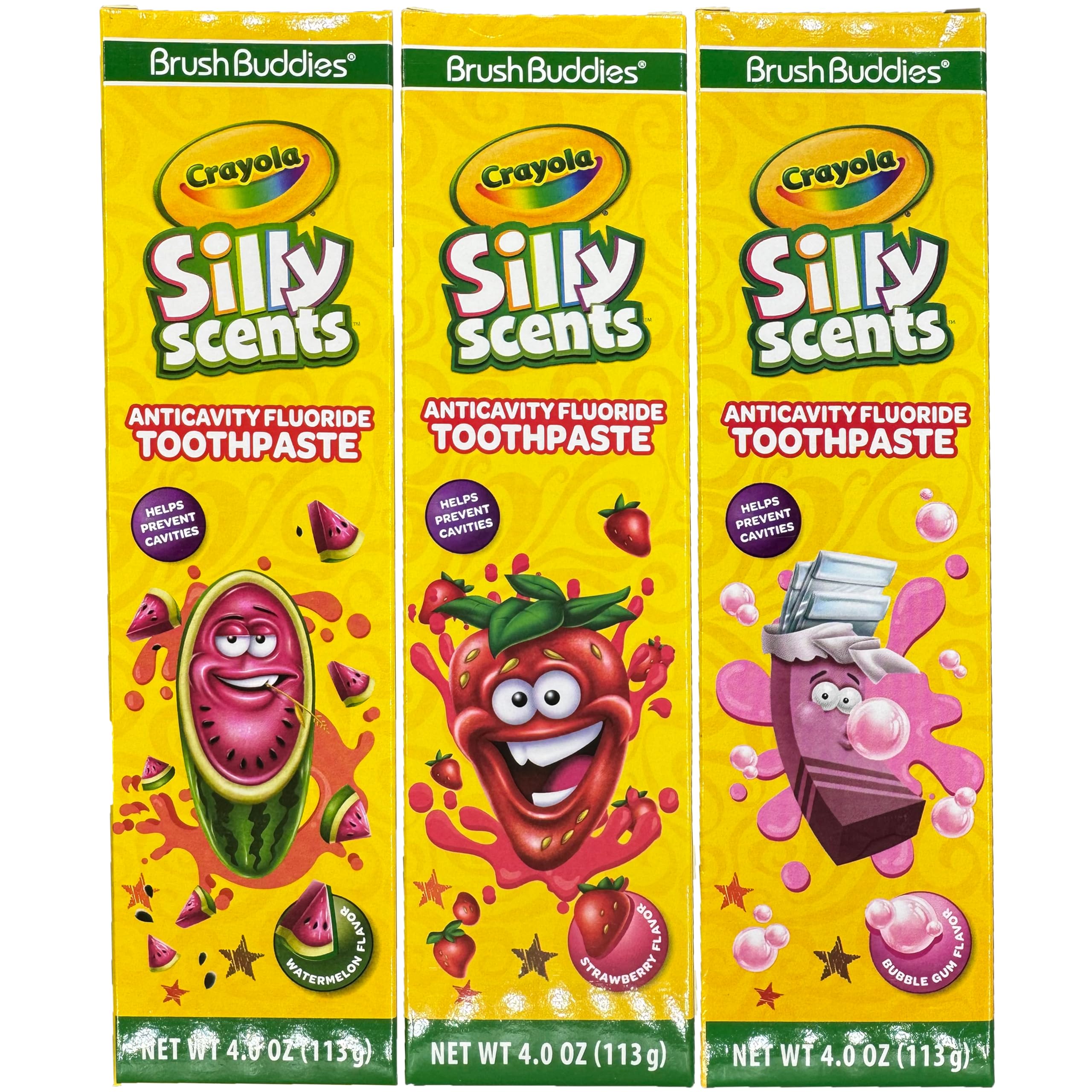 Brush Buddies Silly Scents 4oz Anticavity Fluoride Toothpaste - Set of 3 Flavors (Strawberry, Watermelon, & Bubble Gum)