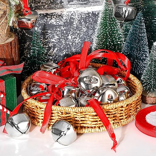 Miniatura 7 de Bencailor 24 campanas de trineo de Navidad 2023 Believe Bell con cinta roja, adornos plateados para árbol de Navidad, decoración navideña de metal