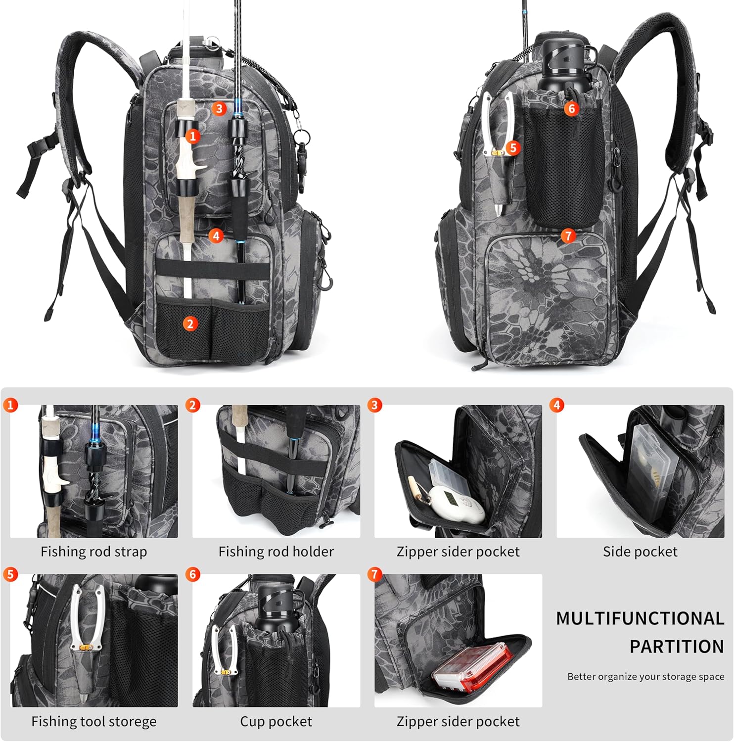 Rabjen Fishing Tackle Backpack with Rod Holders, Bottle Holder, Storage Bag Store Fishing Gear