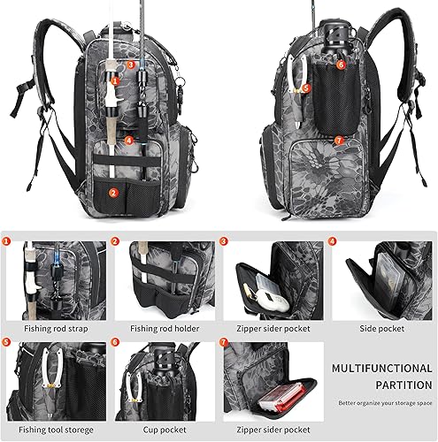 Miniatura 5 de Rabjen Mochila de aparejos de pesca con soportes para caña, soporte para botellas, bolsa de almacenamiento, tienda de equipo de pesca