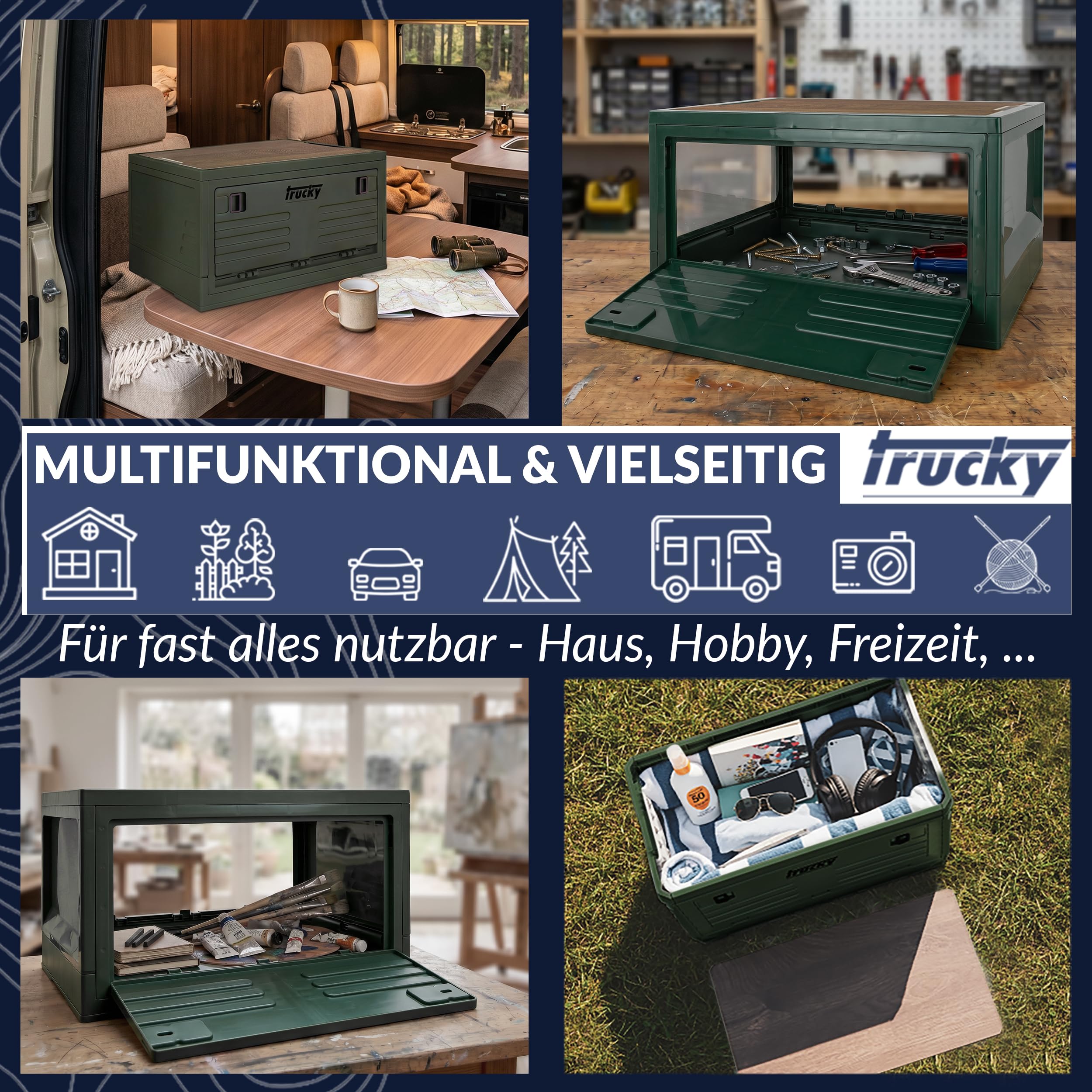 Trucky Caja de almacenamiento con tapa, juego de 4 unidades, 35 L, 48 x 30 x 24 cm, para camping, plegable, con tapa, color verde