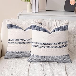 Decorative Boho Navy Blue Striped Pillow Covers Set of 2-18x18 Inch Farm...