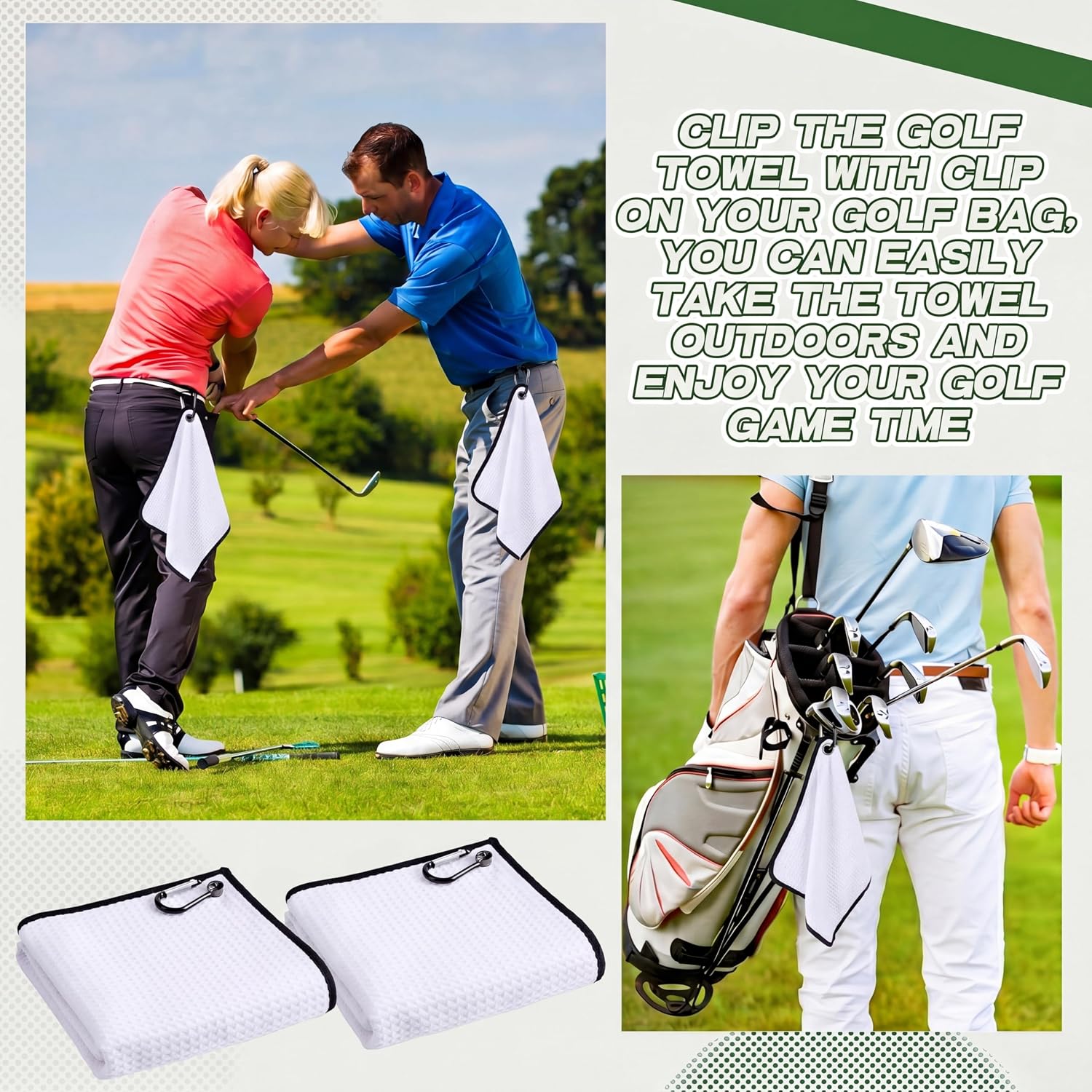 Batiyeer Golf Towel Bulk for Golf Bags Microfiber Fabric Towel with Clip Waffle Pattern, Fitness, Camping, Hiking, Yoga (White,16 x 16 Inches)