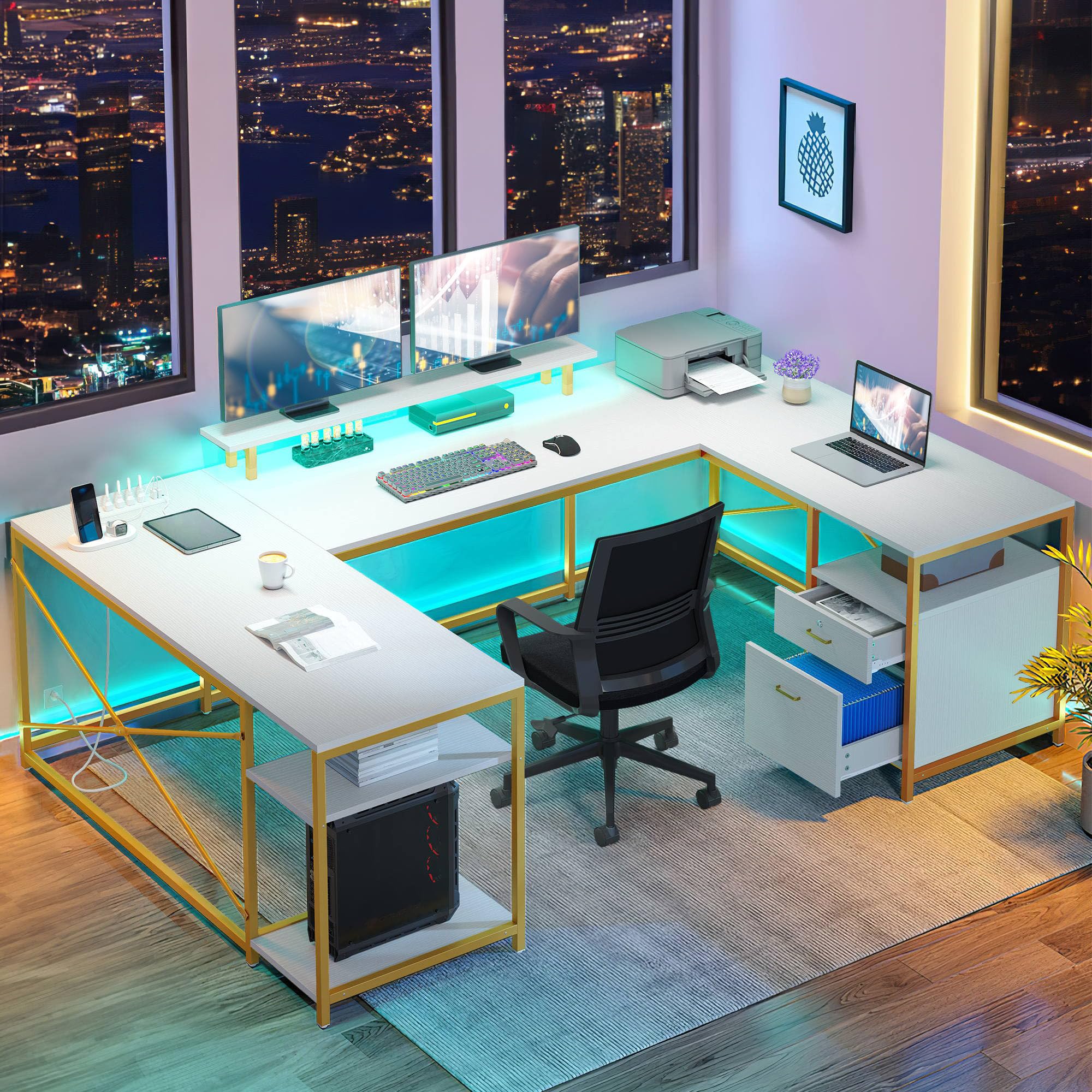 Photo 1 of ***PARTIAL SET***DWVO U Shaped Desk with Drawers, 79" Reversible L Shaped Desk with Power Outlets & LED Lights, Corner Computer Desk with Monitor Stand & Storage Shelves, White & Gold