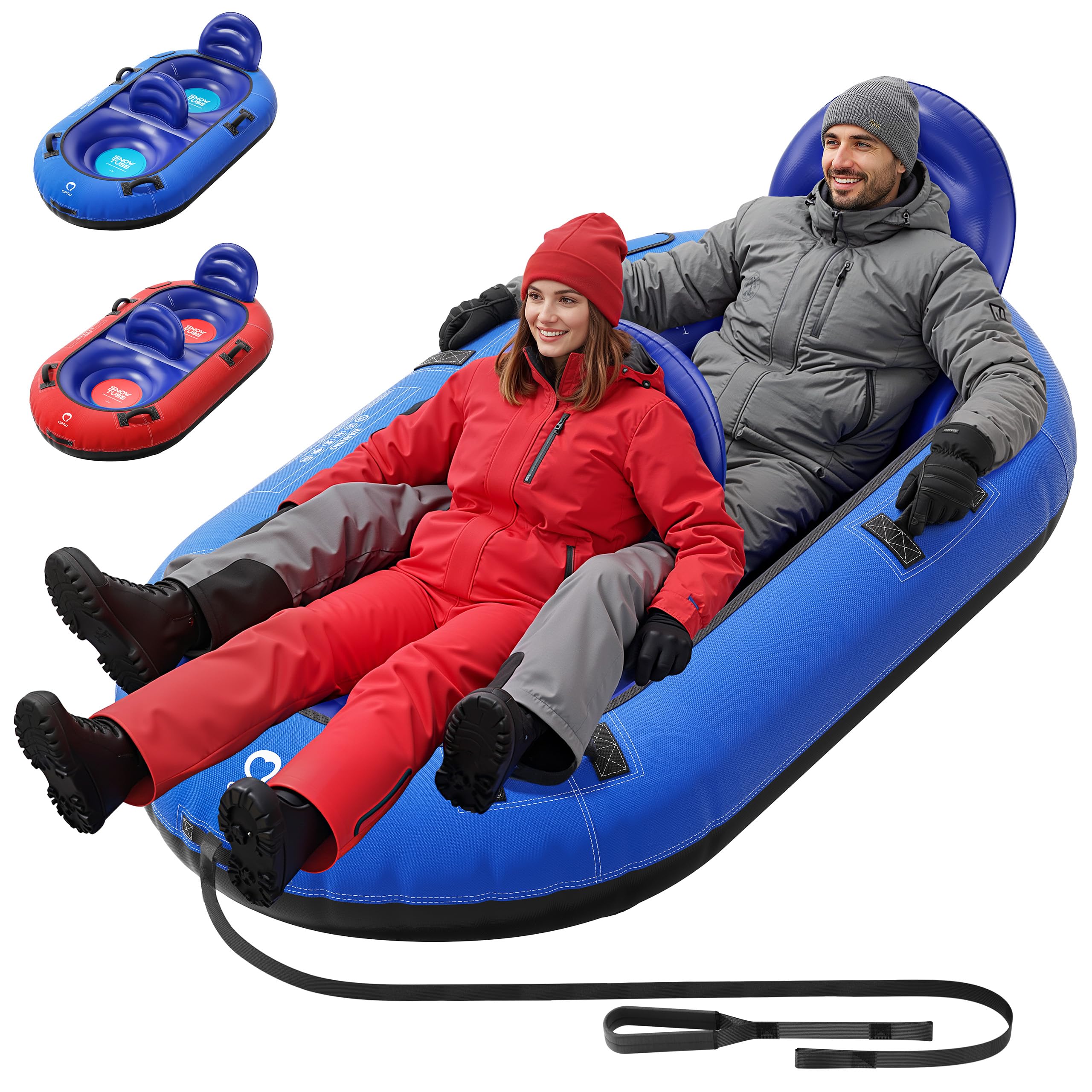 Neumático de nieve inflable para niños y adultos con dos respaldos y cuerda de tracción, asas, válvulas de soplado rápido (azul)