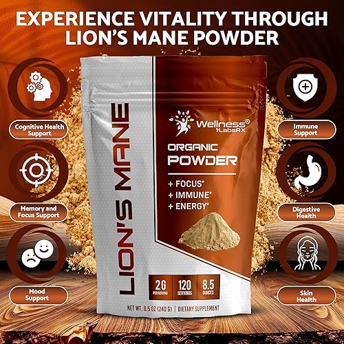 Miniatura 3 de WELLNESS LABSRX Polvo de melena de león, suplemento de hongos 2000 mg Suplemento de melena de león Complementos cerebrales en polvo de hongo