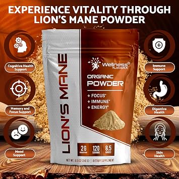 Organic Lions Mane Powder 2000mg Mushroom Supplement, 120 Servings