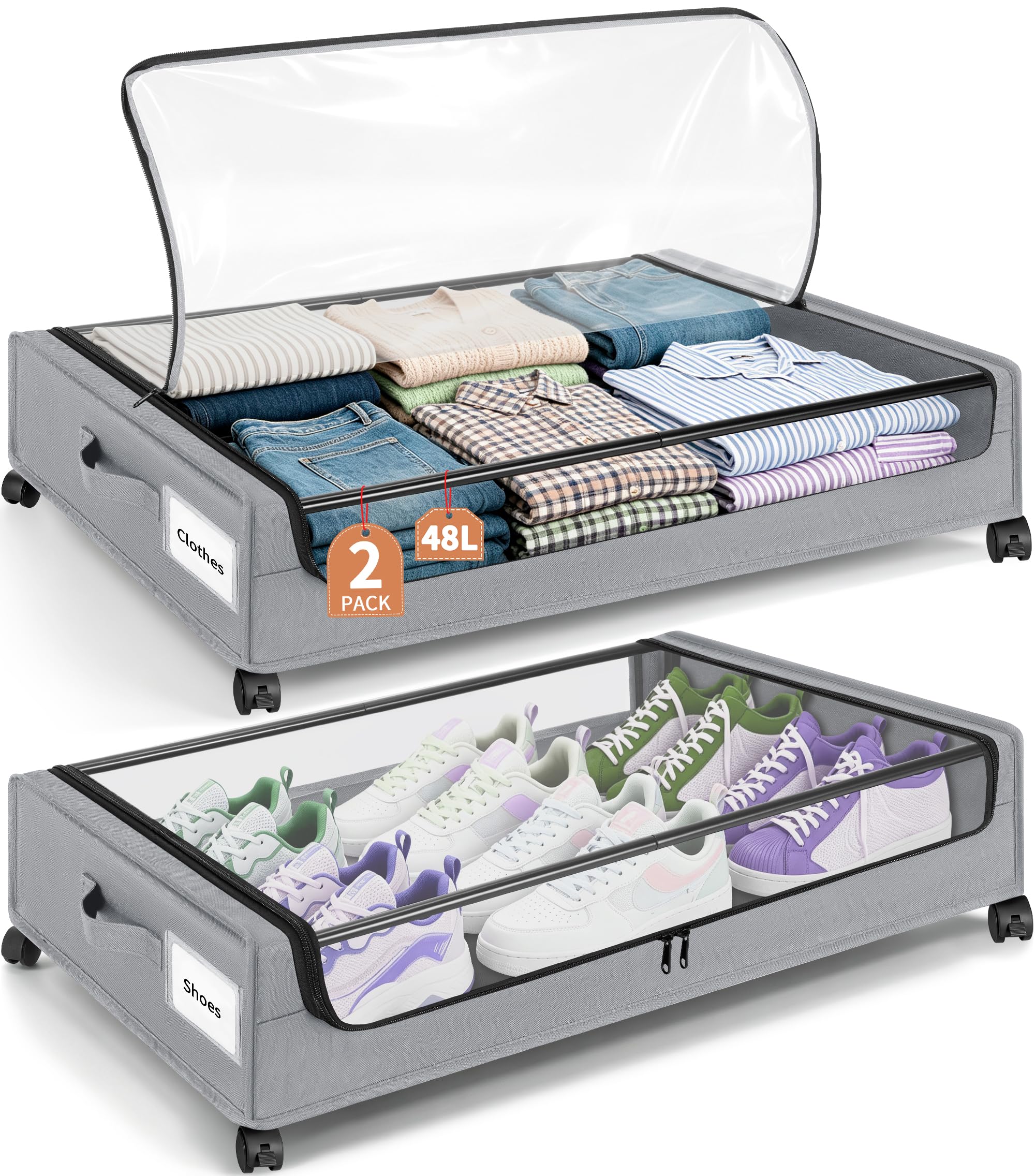 OUUTMEE 2 Pack 48L Under Bed Storage on Wheels with Clear Lids