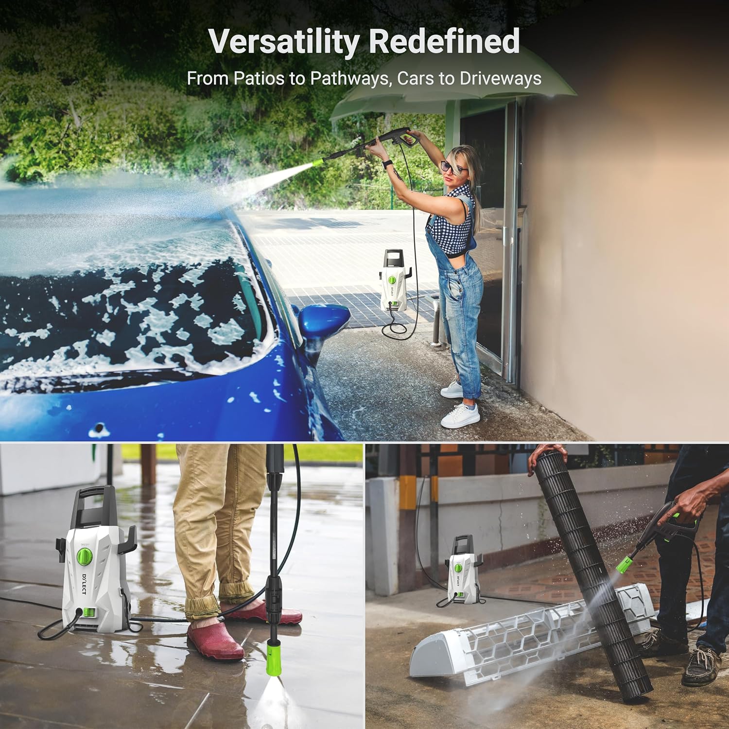 Collage showing the pressure washer being used for various tasks: cleaning a car, washing a patio, and cleaning an air conditioner filter, highlighting its versatility.