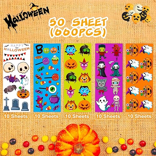 Miniatura 2 de Irichna - 50 hojas de calcomanías de Halloween para niños mayores de 660 piezas, vinilo impermeable de Halloween, araña, murciélagos, calabaza,
