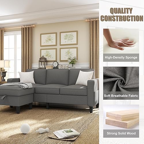 Miniatura 5 de ZeeFu Sofá modular convertible, moderno tapizado de tela de lino gris oscuro de 3 asientos en forma de L, muebles con almacenamiento reversible