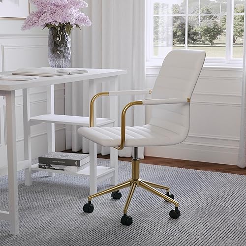 Miniatura 2 de Martha Stewart Taytum - Silla giratoria con reposabrazos para oficina en casa en piel sintética blanca con marco de latón pulido Piel sintética