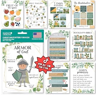 Hadley Designs Sunday School Decorations for Classroom –9 Bible Posters for Kids, Books of the Bible, 10 Commandments, Bible Timeline Chart, Fruits of the Spirit, Greenery Christian Classroom Decor