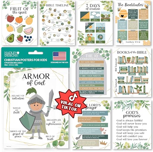 Hadley Designs Sunday School Decorations for Classroom –9 Bible Posters for Kids, Books of the Bible, 10 Commandments, Bible Timeline Chart, Fruits of the Spirit, Greenery Christian Classroom Decor