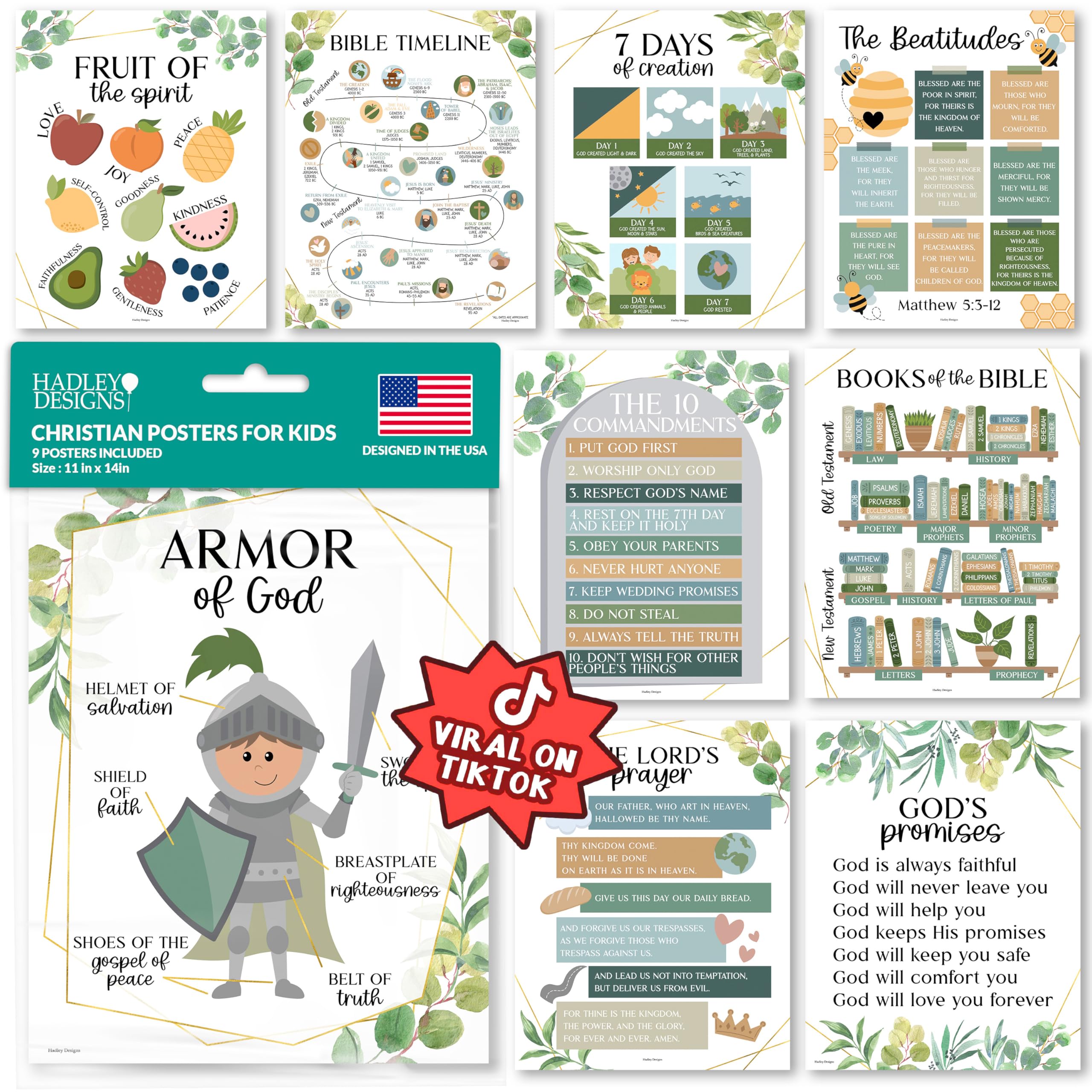 9 Greenery Sunday School Decorations For Classroom - Sunday School Posters, Christian Posters, Christian Classroom Decor, Books Of The Bible Poster, 10 Commandments For Kids, Bible Timeline Chart