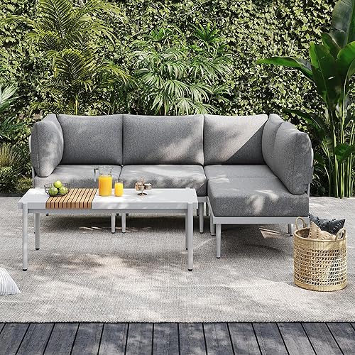 Miniatura 13 de Sundale Outdoor Juego de 4 piezas de muebles de metal para patio, sofá seccional para exteriores con cojín de olefina de 6 pulgadas, modernos juegos