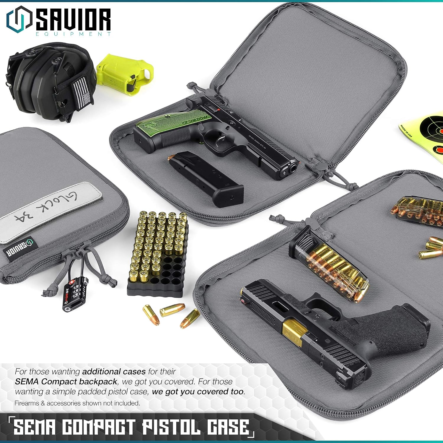 Savior Equipment 600D Tactical Single Handgun Firearm Case Pistol Bag Sleeve with Reflective Patch for SEMA Compact Range Backpack, Lockable Zippers, 3-Pack