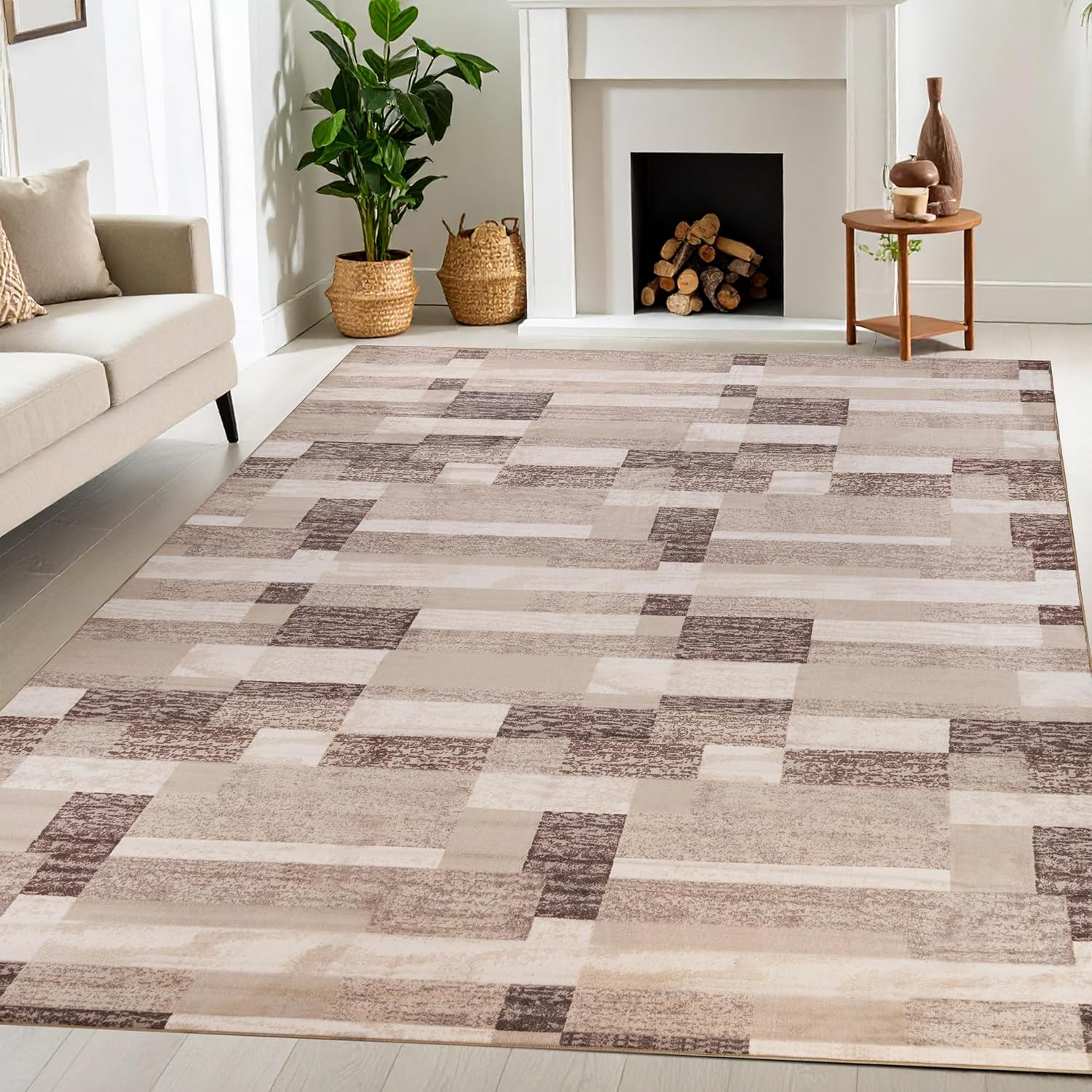 Superior Rockwood Modern Geometric Blocks Washable Indoor Area Rug, Machine Washable Rugs, for Bedroom, Living Room, Dining, Kitchen Floors, Flexible Cotton Backing, Easy Clean Rugs, 12' x 18', Beige
