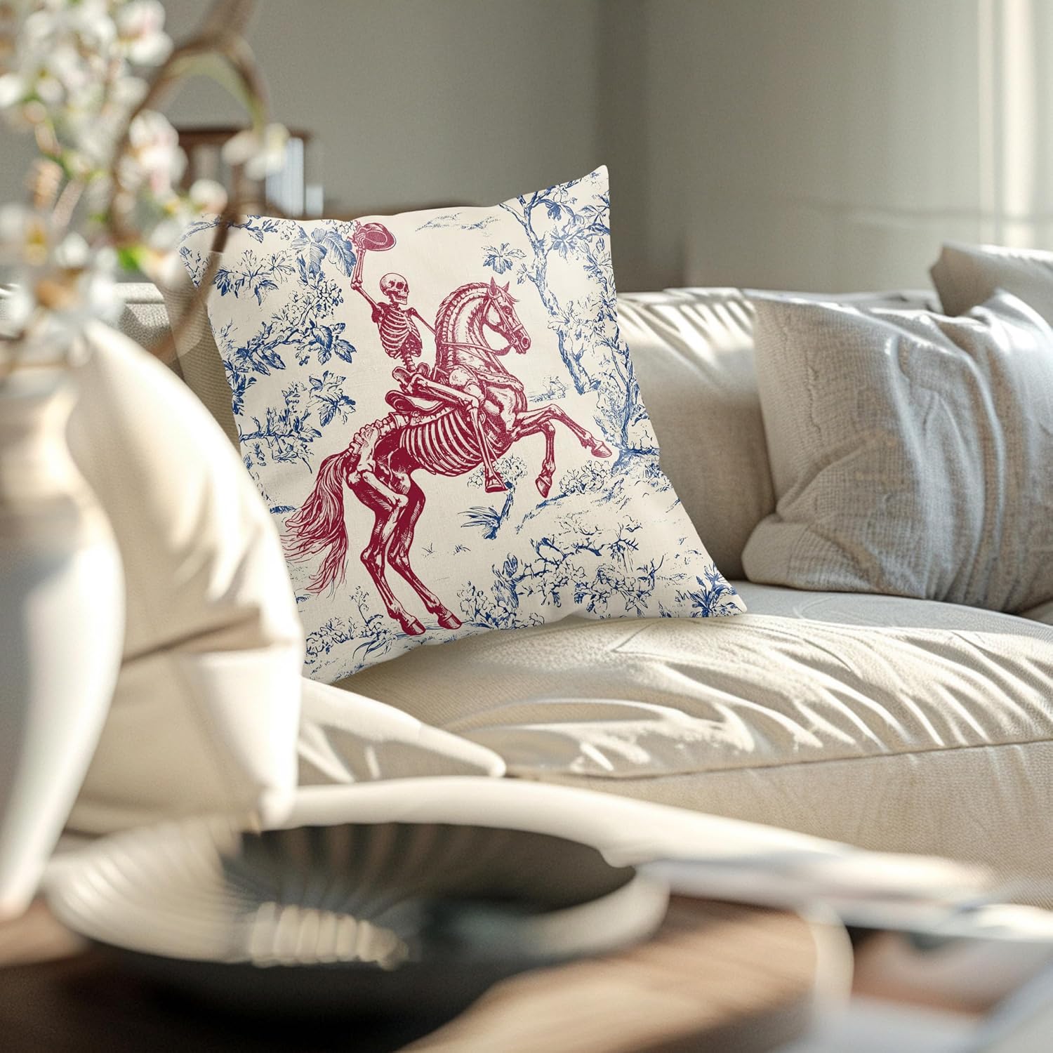 Gothic Western Cowboy Halloween Skeleton Pillow Cover 18x18, Western Gothic Home Decor, Funny Goth Skull Riding Horse Decorative Throw Pillow Cover Case for Bedroom Living Room Couch Sofa image 5