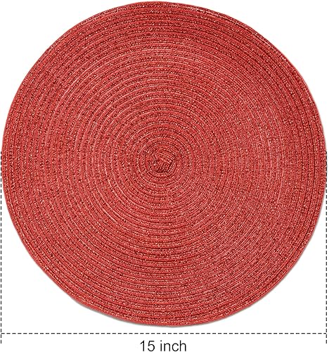Miniatura 6 de FunWheat Juego de 6 manteles individuales redondos trenzados para mesas de comedor, tejidos, lavables, antideslizantes, para decoración (rojo
