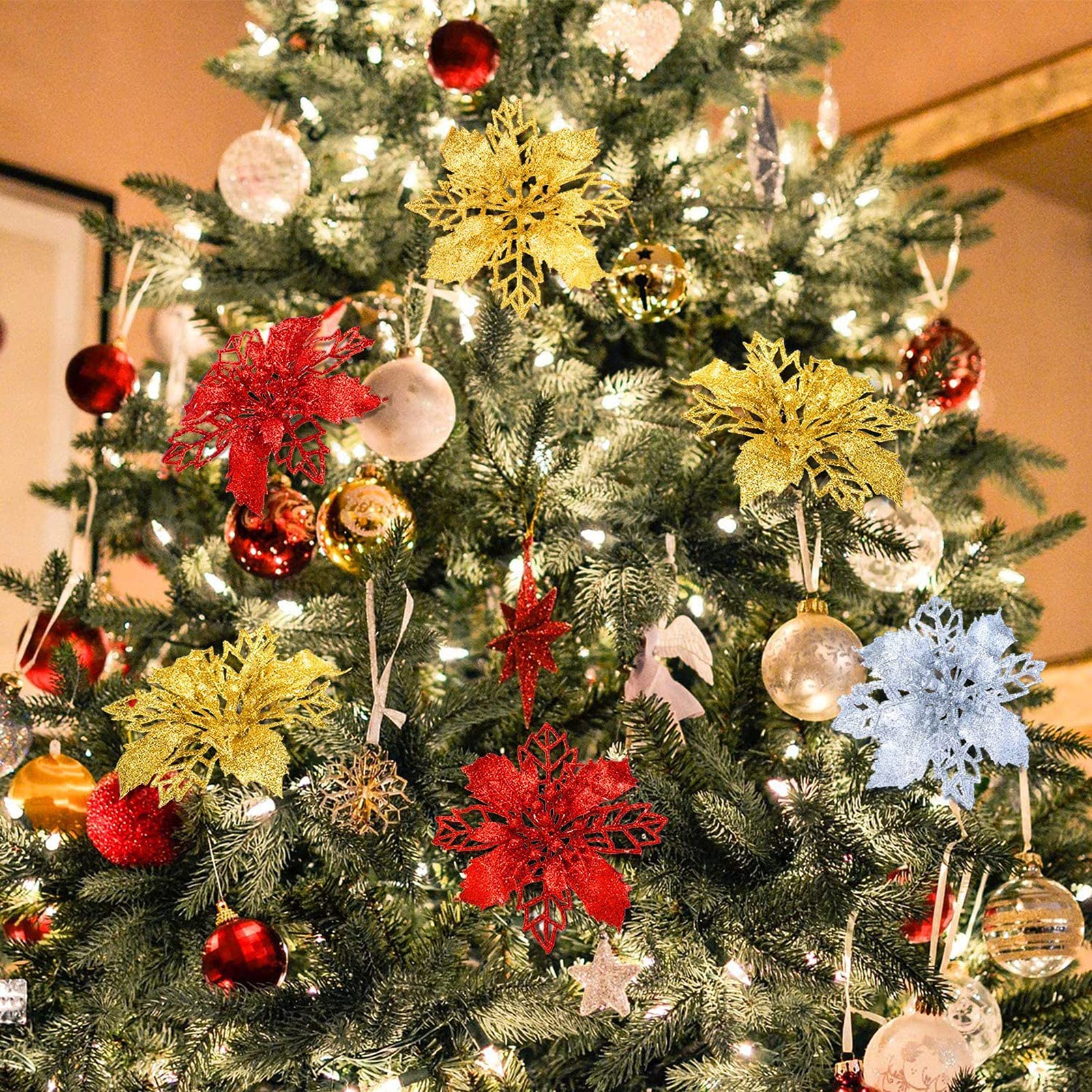 10 Fleurs Artificielles Poinsettia à Paillettes Pour Décorations De Noël - Blanche, Détachable, Avec Poudre Bronzante