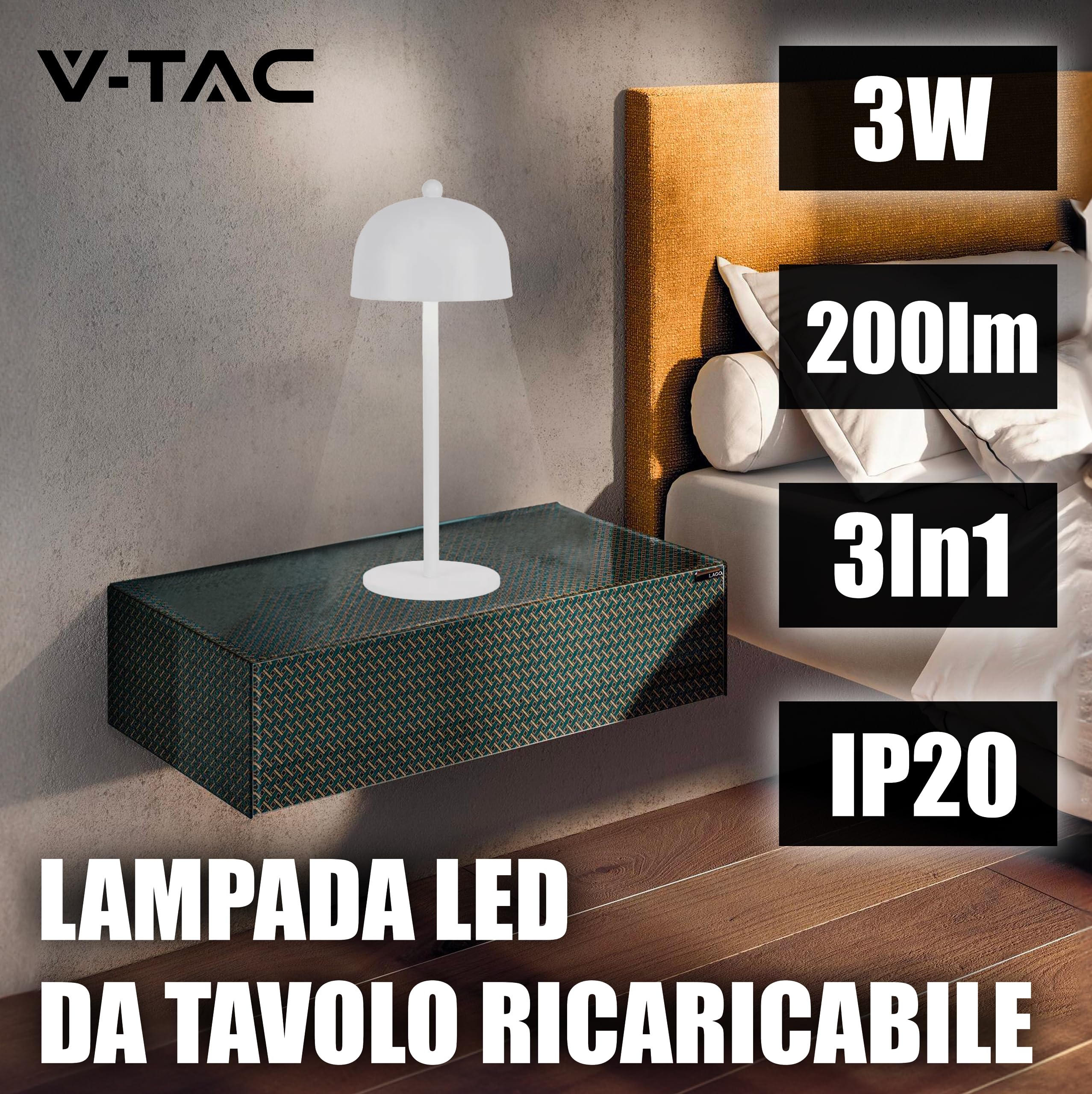 V-TAC Lampada da Tavolo senza Fili LED Dimmerabile in Metallo – Lampada Binaca Wireless per Uso Interno da Casa o Ristorante – Design Elegante – Luce Calda, Fredda, Naturale 3 in 1