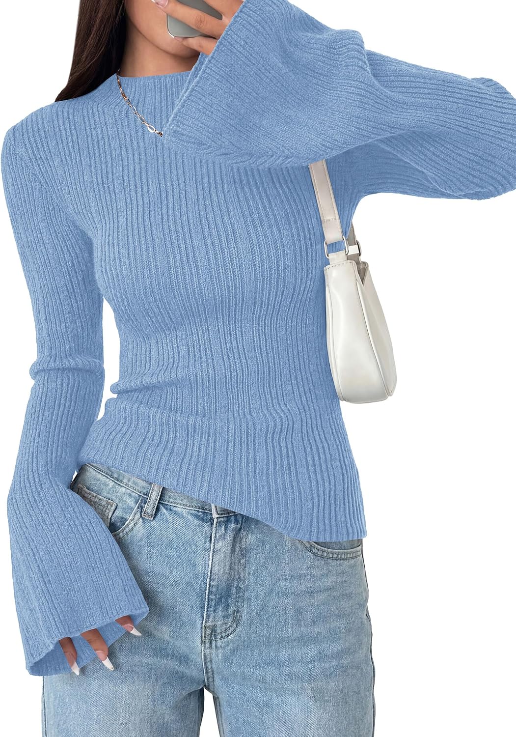 PRETTYGARDEN Women's Lightweight Mock Neck Sweaters | Bell Long Sleeve Tops, Slim Fitted Pullover, Soft Ribbed Knit, Going Out Outfits, Fall Winter Layering, Fashion Clothing