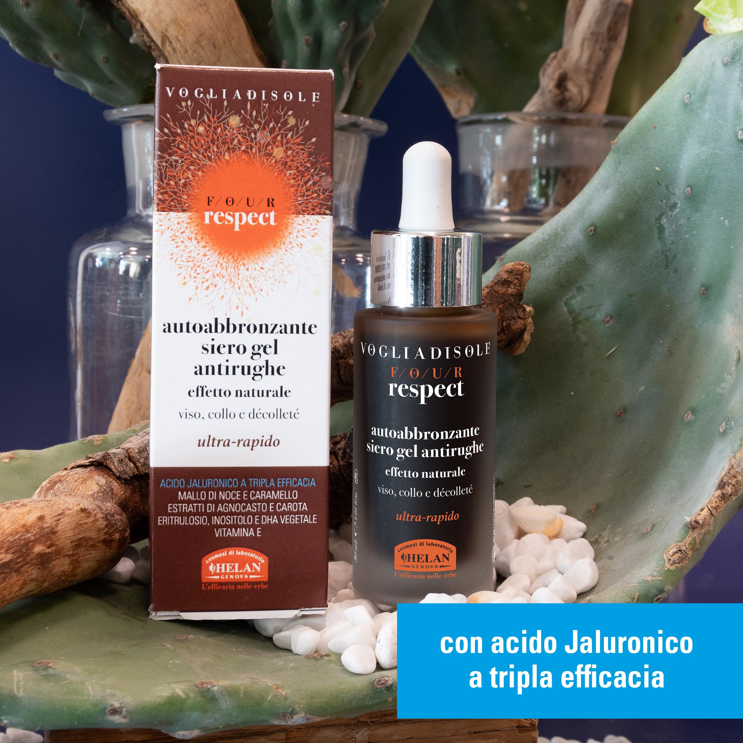 Helan, Vogliadisole Respect - Siero Viso Acido Ialuronico Autoabbronzante Antirughe Gel con Vitamina E, Inositolo e Agnocasto, Abbronzante per Abbronzatura Naturale e Luminosa per Pelli Delicate, 30ml
