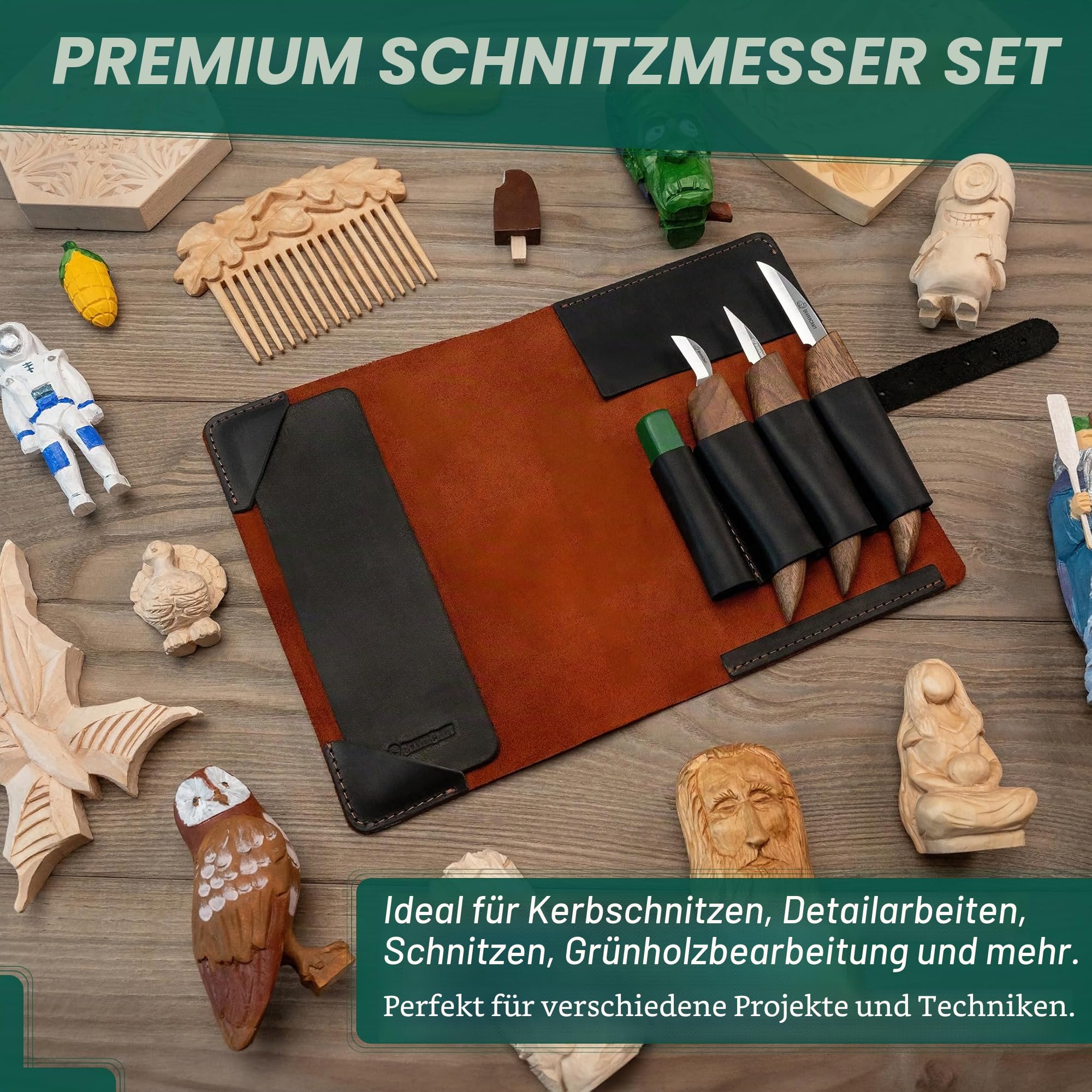 BeaverCraft Holzschnitzset Deluxe Holzschnitzmesser Set S15X - Holz Schnitzwerkzeug und Leder Streichriemen zum Schärfen mit Poliermittel - Schnitzmessern, Hohlbeitel, Meißel