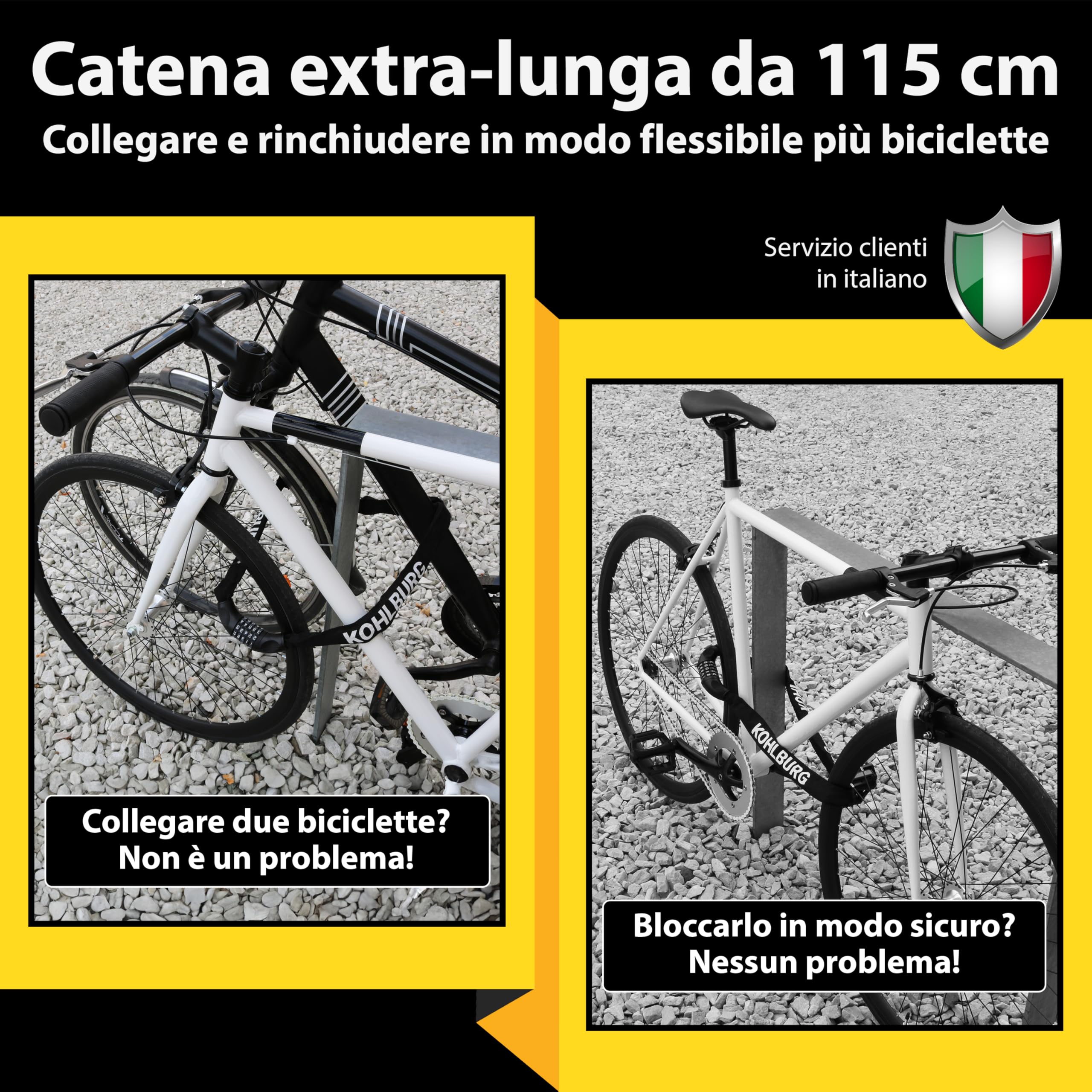 KOHLBURG lucchetto a combinazione molto lungo, 115 cm di lunghezza e 6 mm di spessore con codice numerico - lucchetto a catena con combinazione numerica - lucchetto di sicurezza per bicicletta
