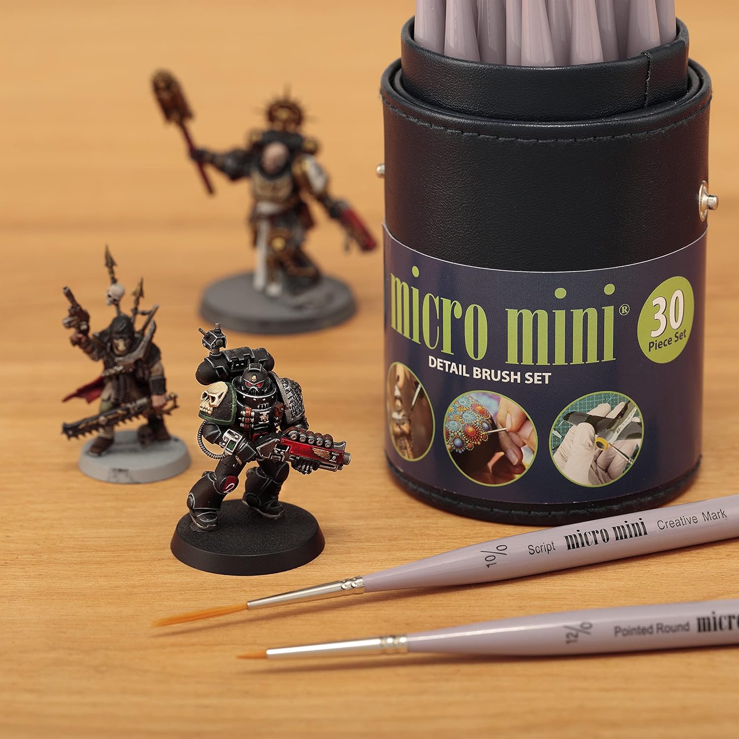 Creative Mark 30 Piece Micro Detail Paint Brush Set, Mini Paintbrushes for Acrylic, Watercolor, Oil, Face, Nail, Scale Model Painting & Line Drawing, Vegan Leather Case Included