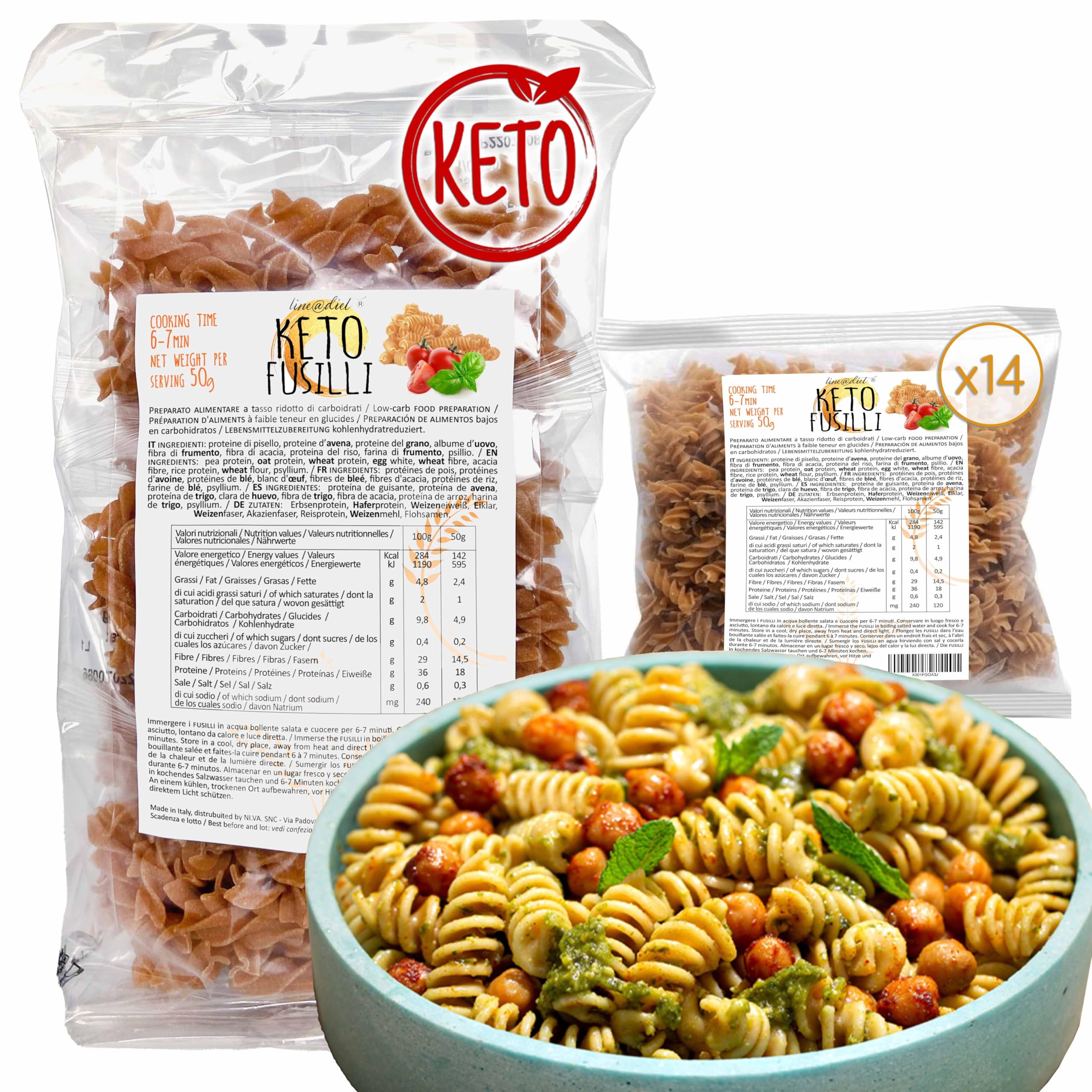 PASTA KETO Line@diet | porciones individuales de 50 g de pasta cetogénico | bajo en carbohidratos y 0,2 g de azúcar, rico en fibra y proteínas (14 Fusilli)
