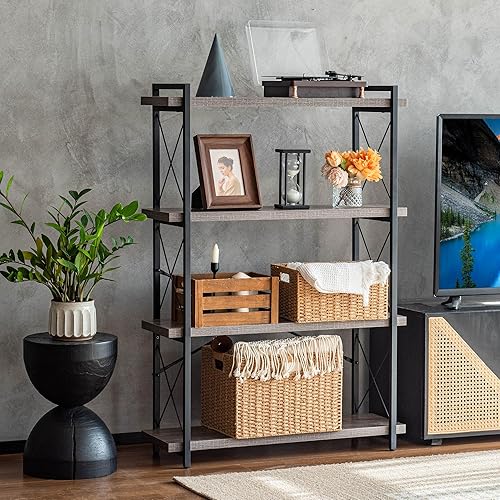 Miniatura 5 de HCHQHS Librería, estantería industrial de 4 niveles, estantería abierta rústica, estanterías altas independientes con marco de metal