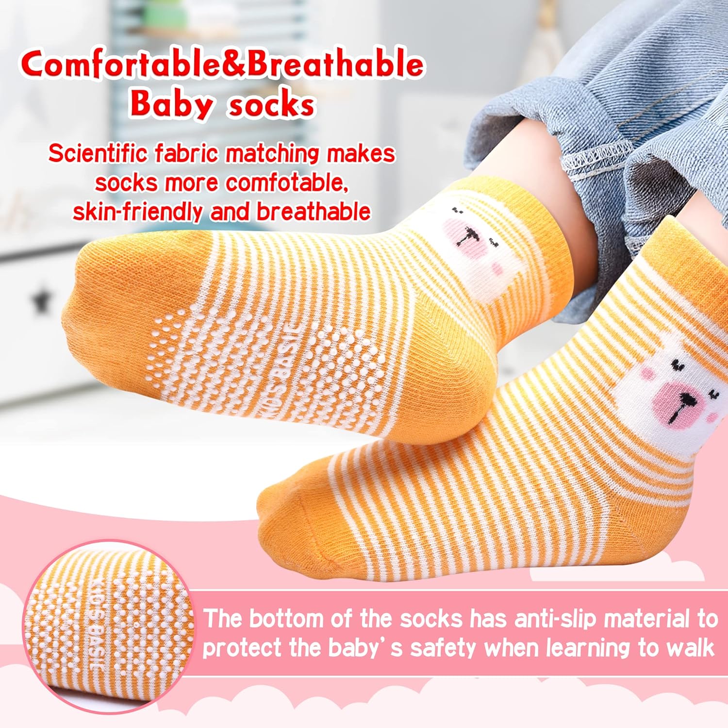 12 Pack Non Slip Kids Toddler Baby Socks with Grips for 1-7 Years Boys Girls Cotton Crew Socks Multi Colors - Image 4