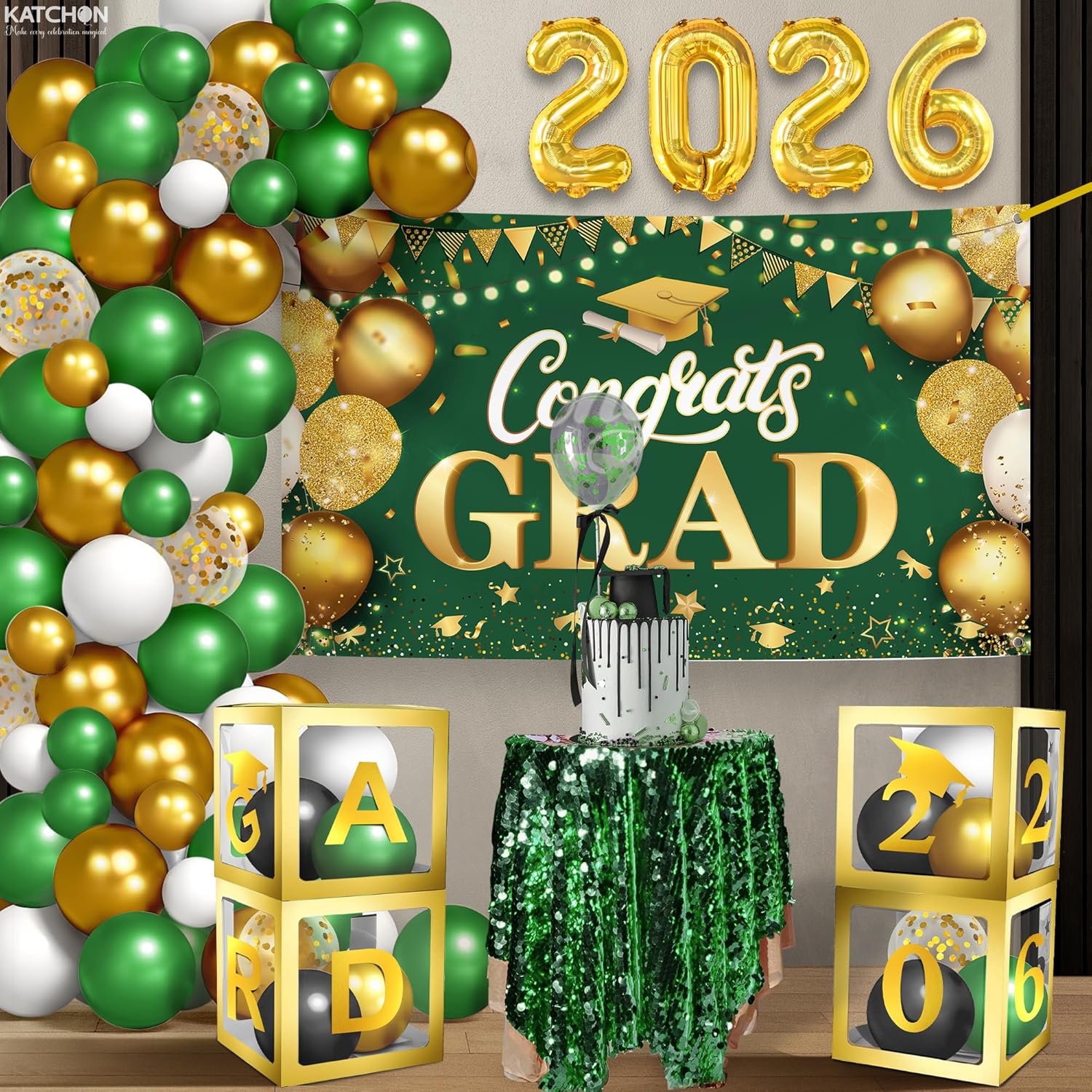 KatchOn, Green and Gold Graduation Decorations Class of 2026, Huge, Pack of 73, Congrats Grad Banner and Grad Balloon Boxes, 2026 Grad Balloons for 2026 Graduation Decorations, 2026 Grad party Decor