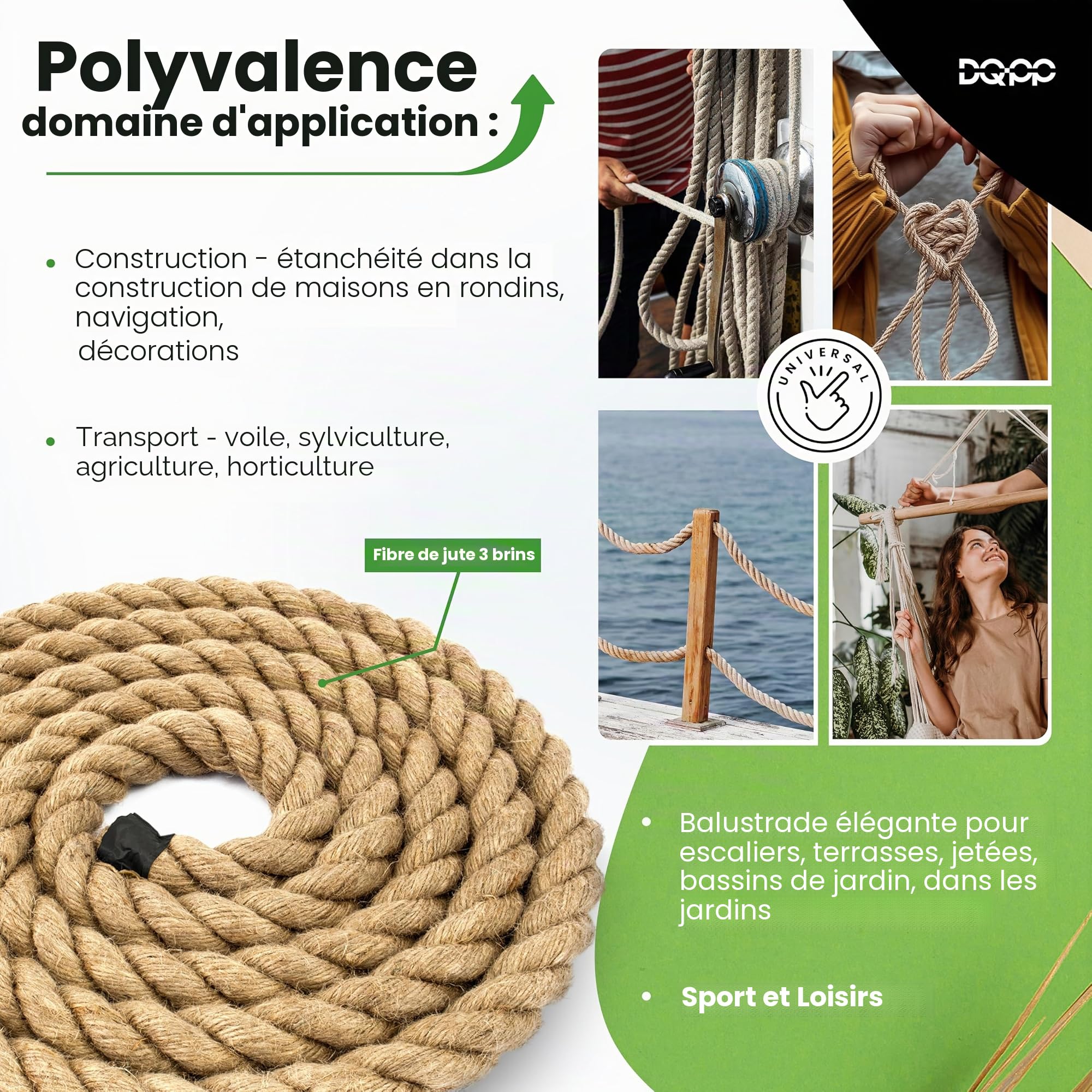 DQ-PP Corde en Jute | 15m | 30mm d'épaisseur | Naturel Fil de Jute | Ficelle de Jute | Naturelle Deco Cordelette Balancoire Jardin