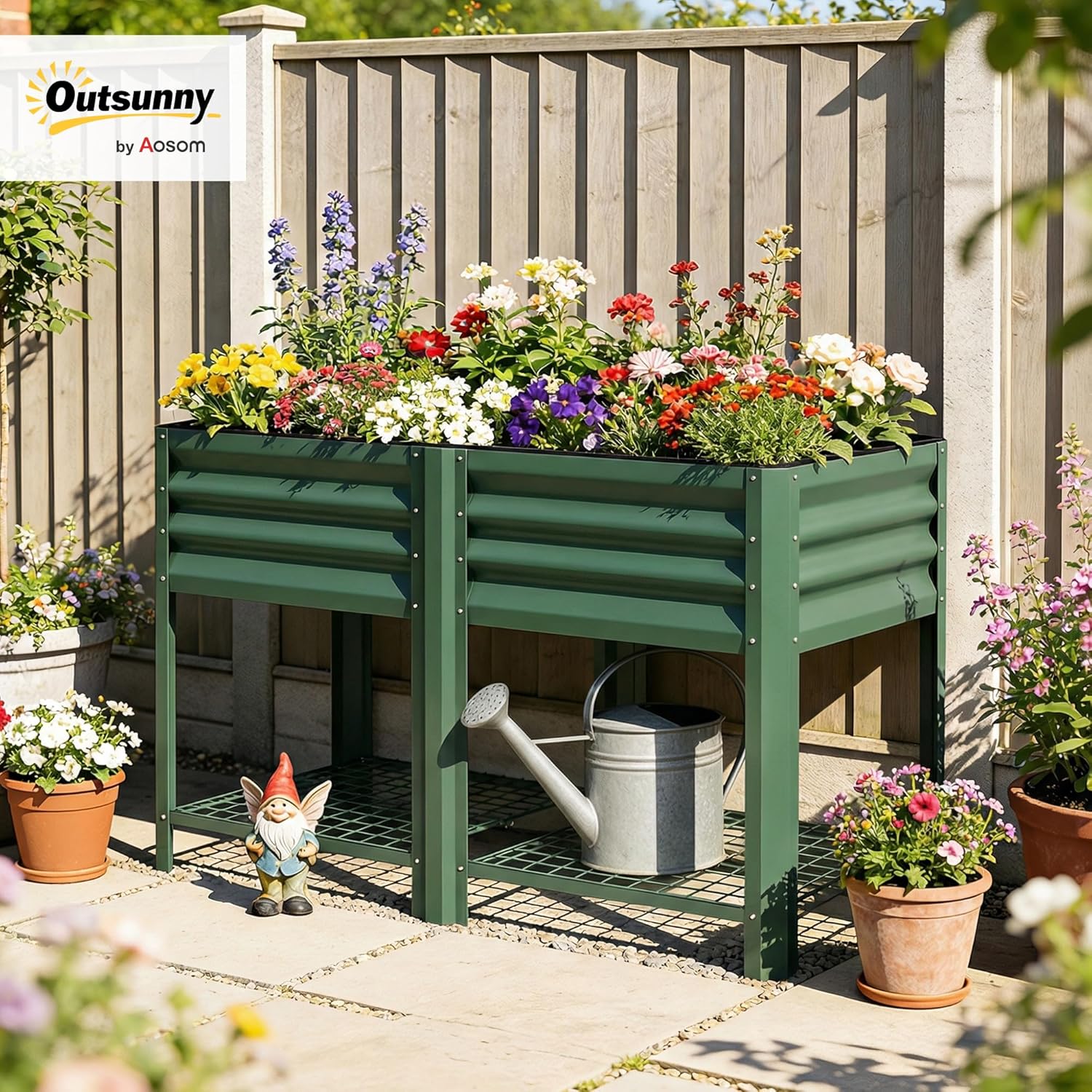 Outsunny Galvanized Steel Raised Garden Bed with Storage Shelf and Bed Liner, Elevated Planter Box with Legs for Flowers, Vegetables, and Herbs, for Outdoor Patio Yard, Glove Included, Green