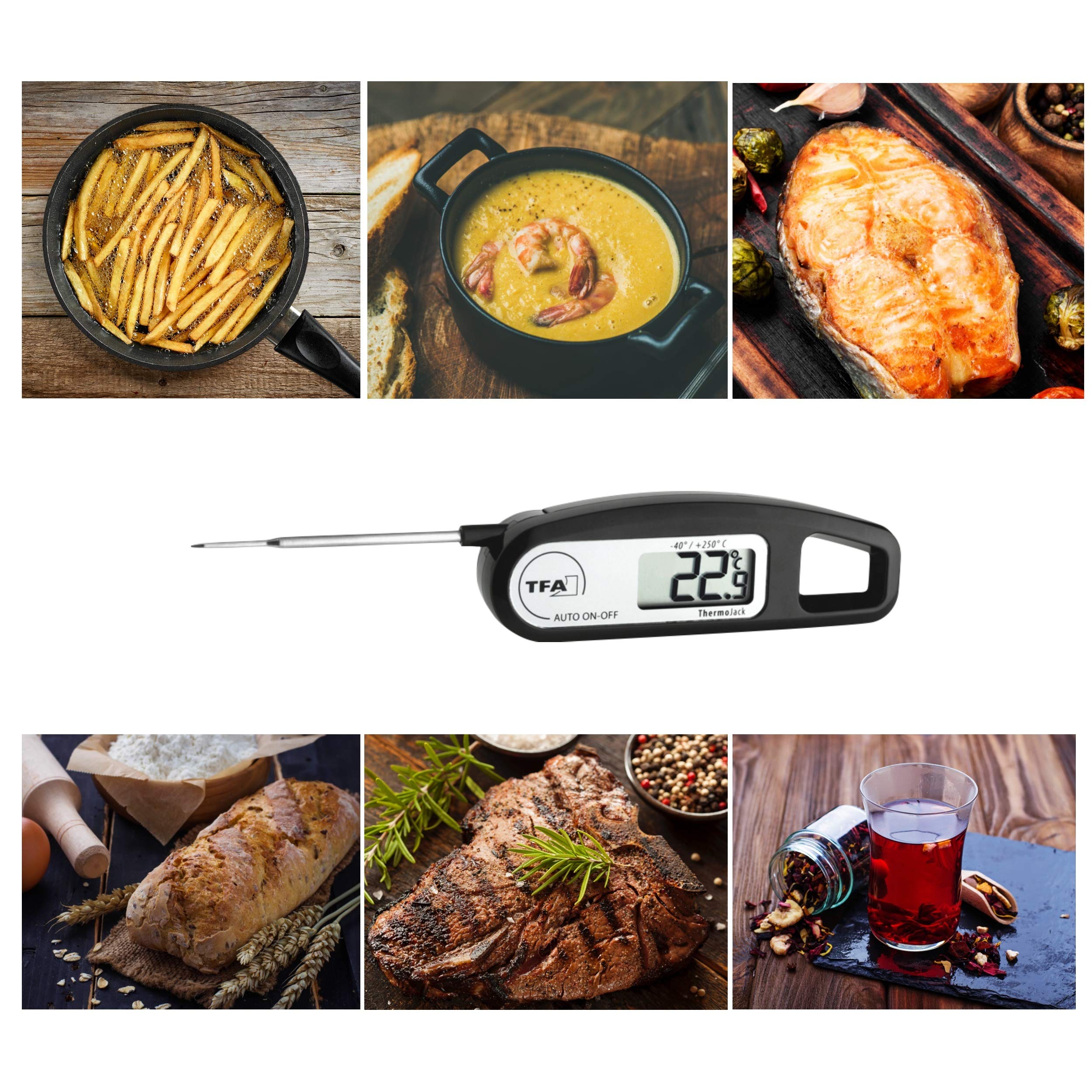 TFA Dostmann Thermo Jack cwkłuwalny/wtykowy termometr cyfrowy, 30.1047.01, kontrola produktów spozywczych, zmywalny, czarny