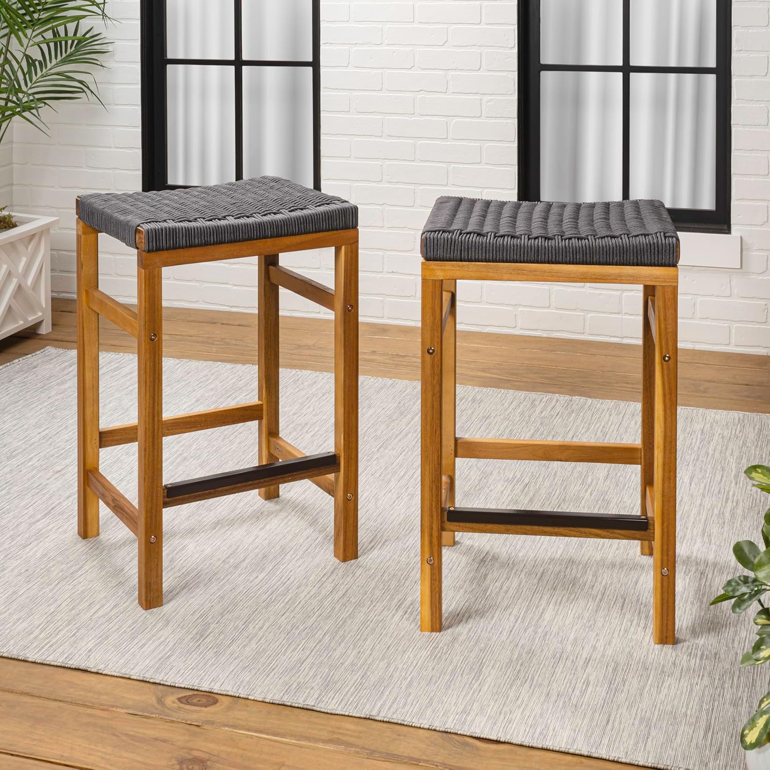 JONATHAN Y CSL1201B-SET2 Armand 25.6" Modern Coastal Backless Acacia Wood Outdoor Bar Stool with Woven Rope Seat, for Patio, Lawn, Backyard, Deck, Light Teak/Grey (Set of 2)