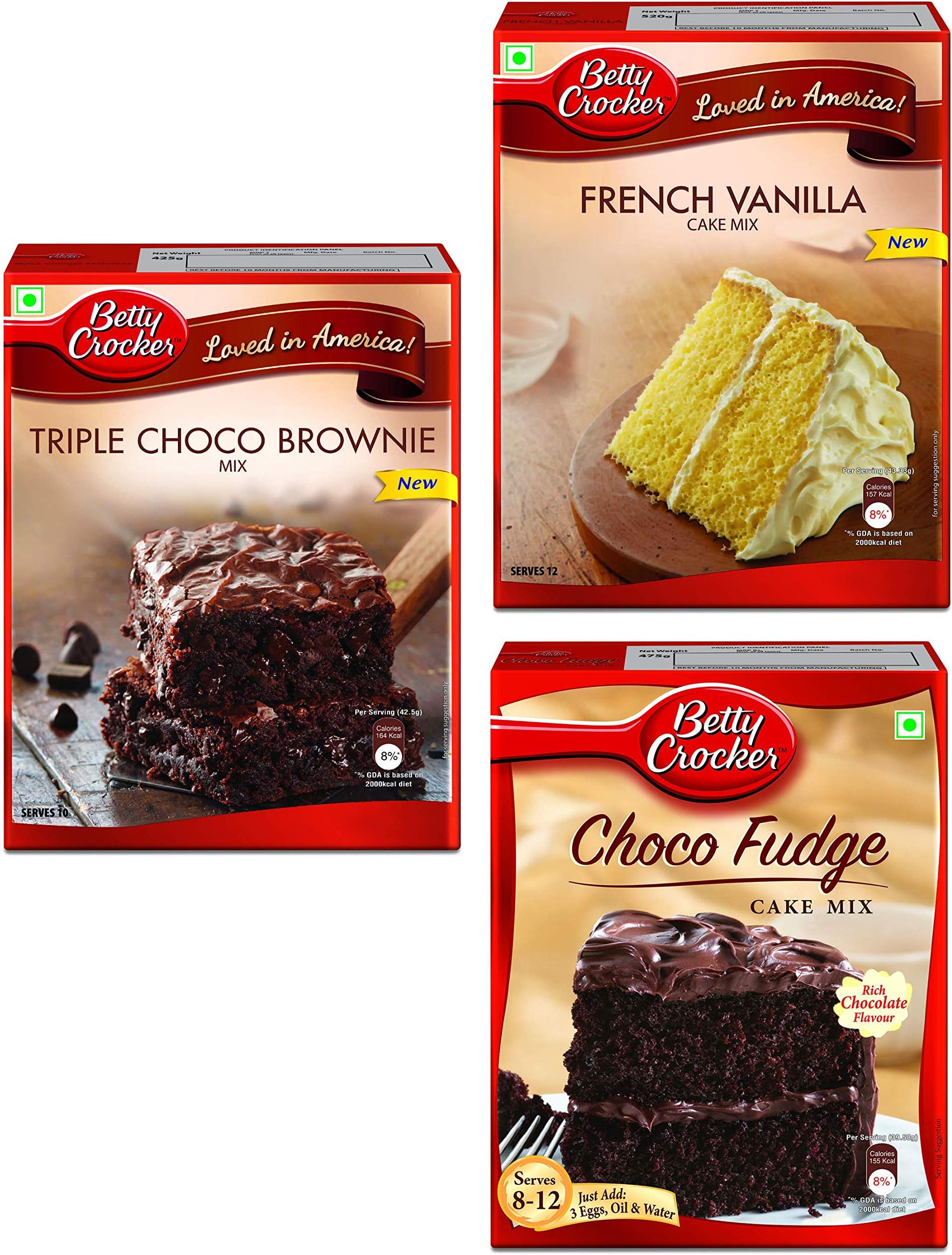 Cake Mix, Triple Chocolate Brownie 425 g + Betty Crocker Super Moist Cake Mix, French Vanilla Flavor 520 g & Betty Crocker Cake Mix, Choco Fudge Rich Chocolate, 475 g