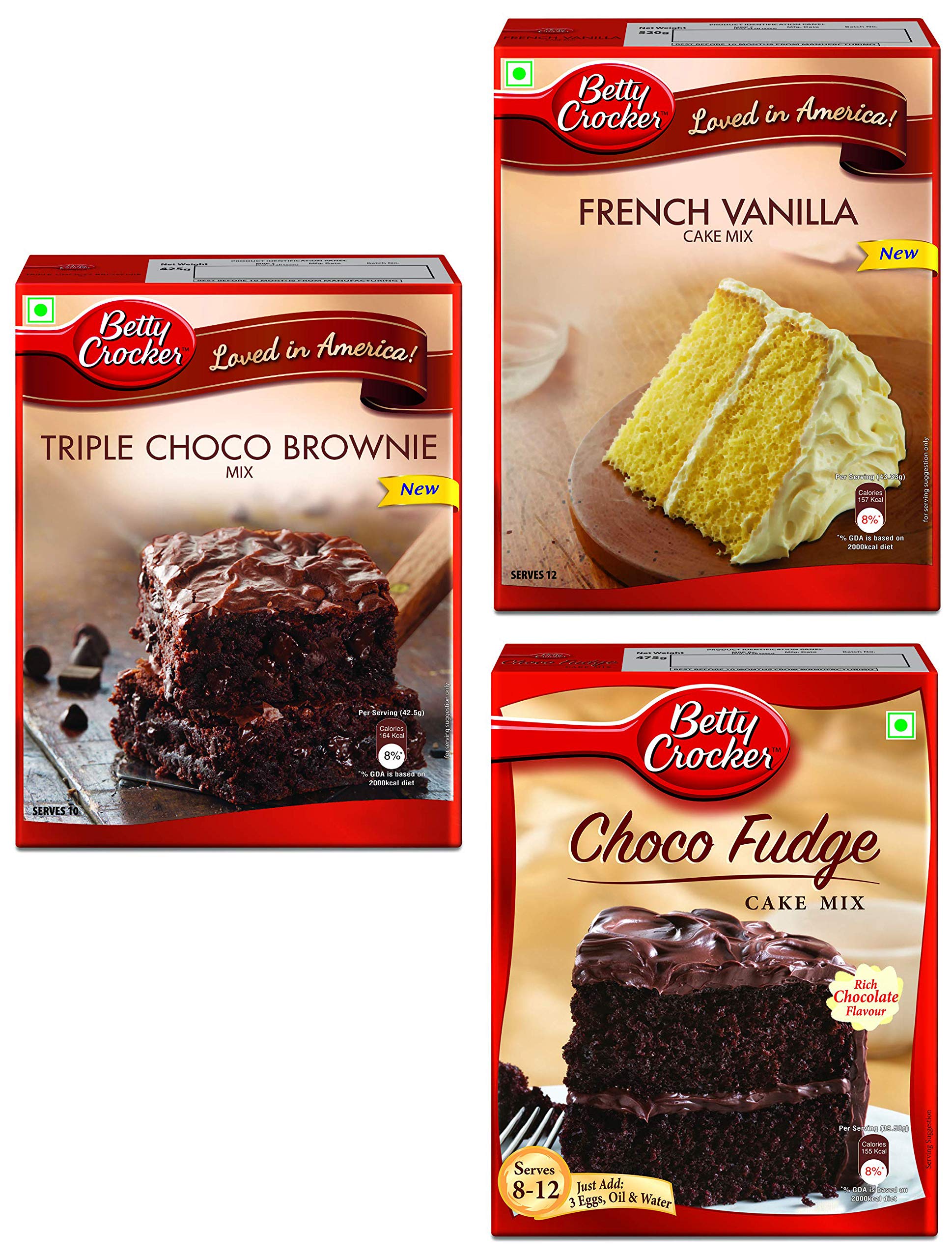 Betty Crocker Cake Mix, Triple Chocolate Brownie 425 g + Betty Crocker Super Moist Cake Mix, French Vanilla Flavor 520 g & Betty Crocker Cake Mix, Choco Fudge Rich Chocolate, 475 g