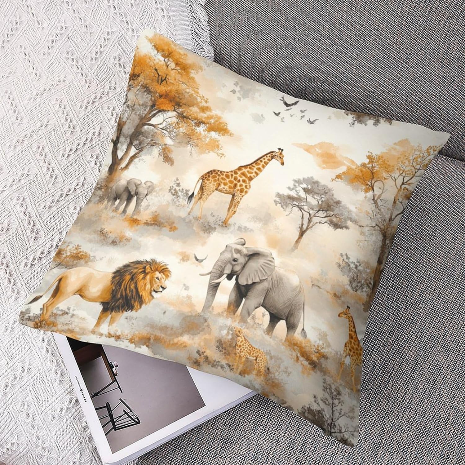 2 Packs Africa Elephants Animal Throw Pillow Covers for Living Room, Jungle Giraffe Lion Fantasy Pillow Covers Cushion Case for Couch Sofa Bed, 20x20 inch