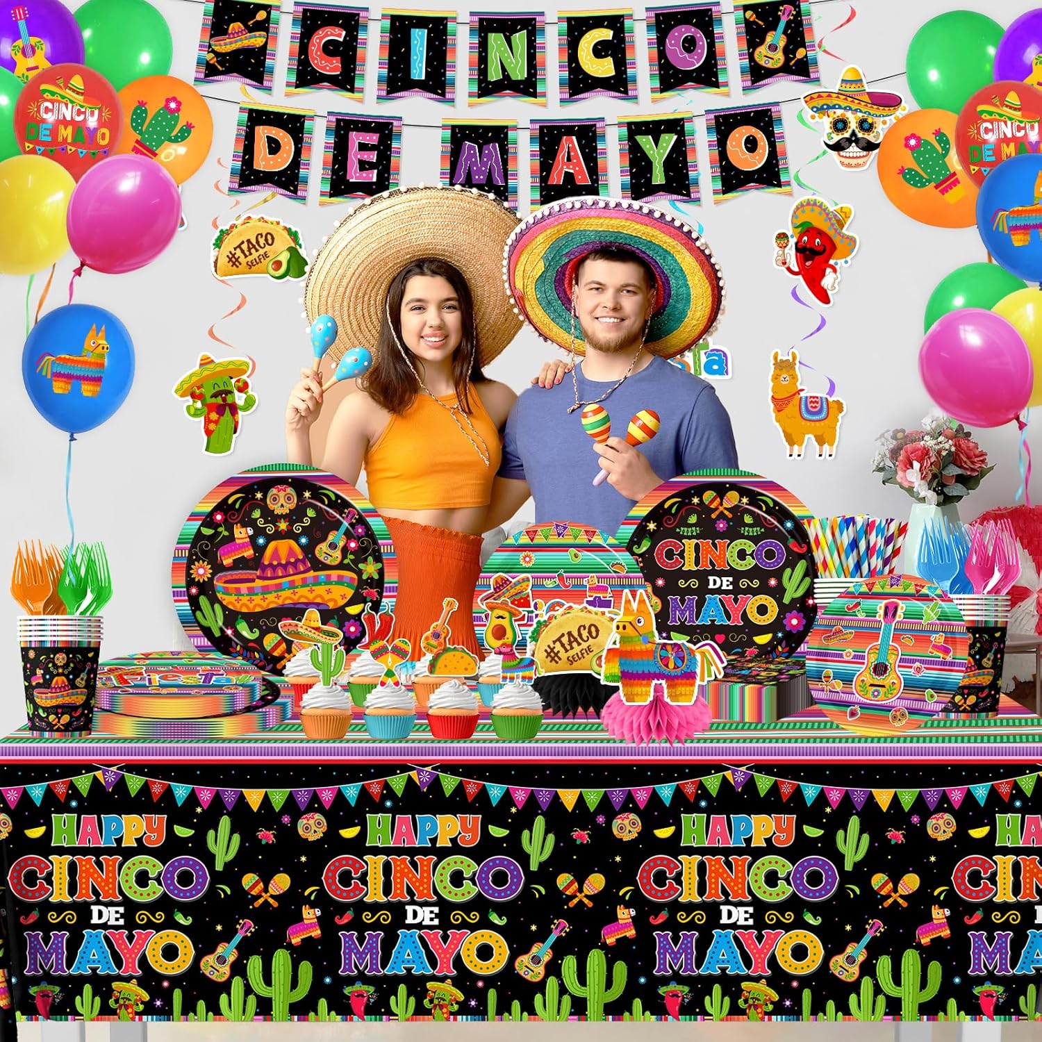 Cinco De Mayo Decorarions, Fiesta Party Decorations Mexican Tableware incldue Fiesta Plates and Napkins,Cups,Banner,Balloons,Tablecloth,Hanging Swirl,Cake Topper,Honeycomb for Mexican Party Supplies