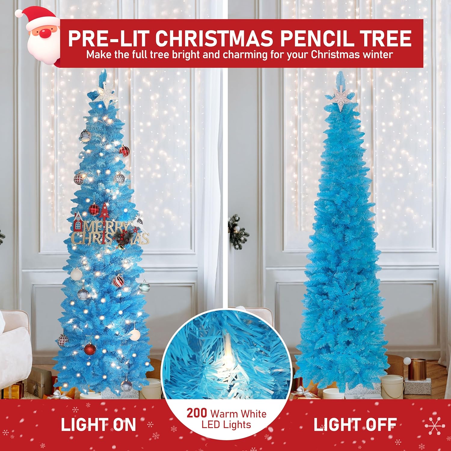 Yardenaler 6 FT Christmas Tree, Bendable Artificial Whimsical Christmas Tree with 200 LED Lights, Pre-lit Pencil Xmas Tree with 536 PVC Branches & Metal Stand for Holiday, Home, Party, Blue