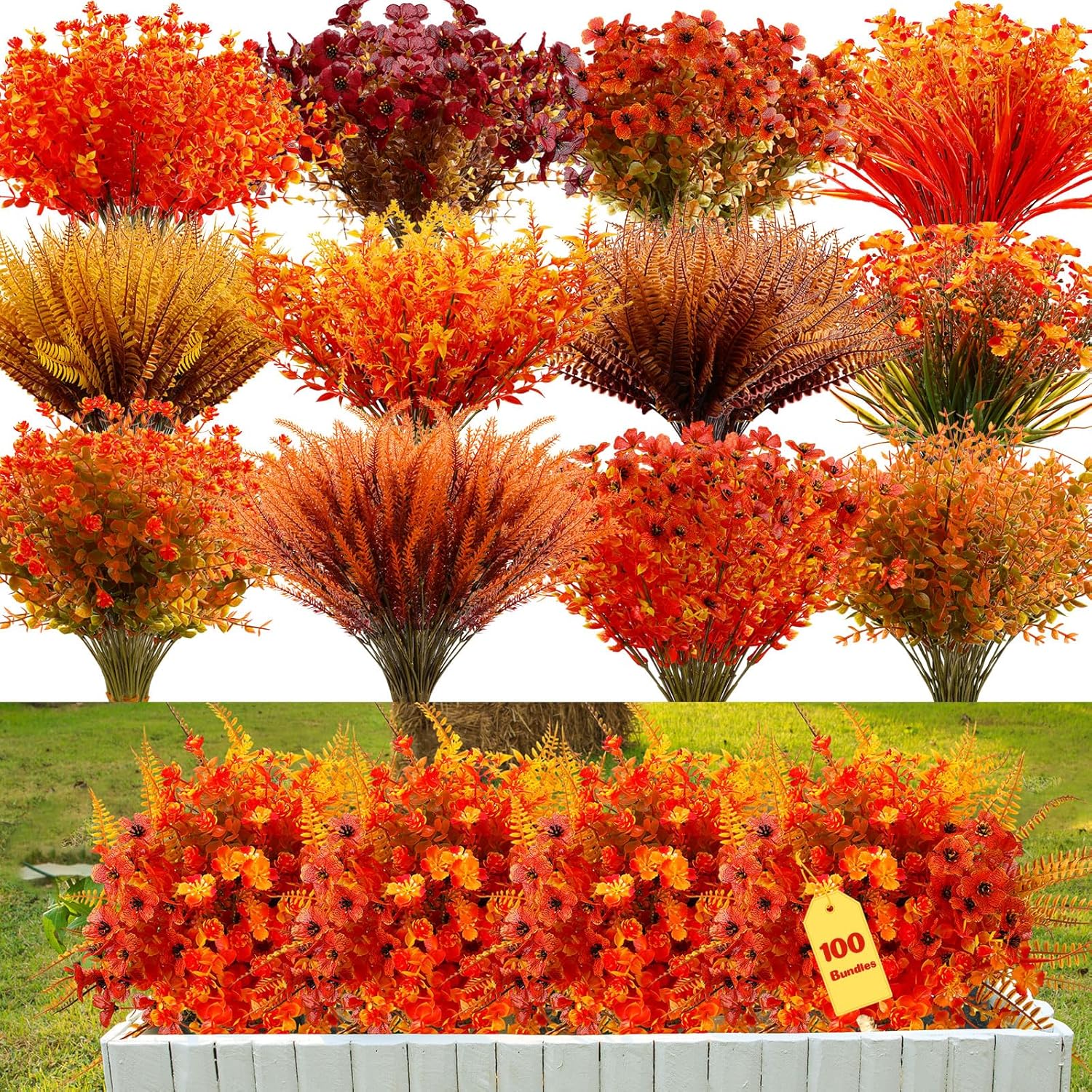 Giegxin Realistic Outdoor Faux Flowers, Uv Resistant Artificial Wild Flowers, Plastic Plants Fake Wheat Violet for Hanging Garden Door Porch Window Party Fall Wall Decor (Modern)