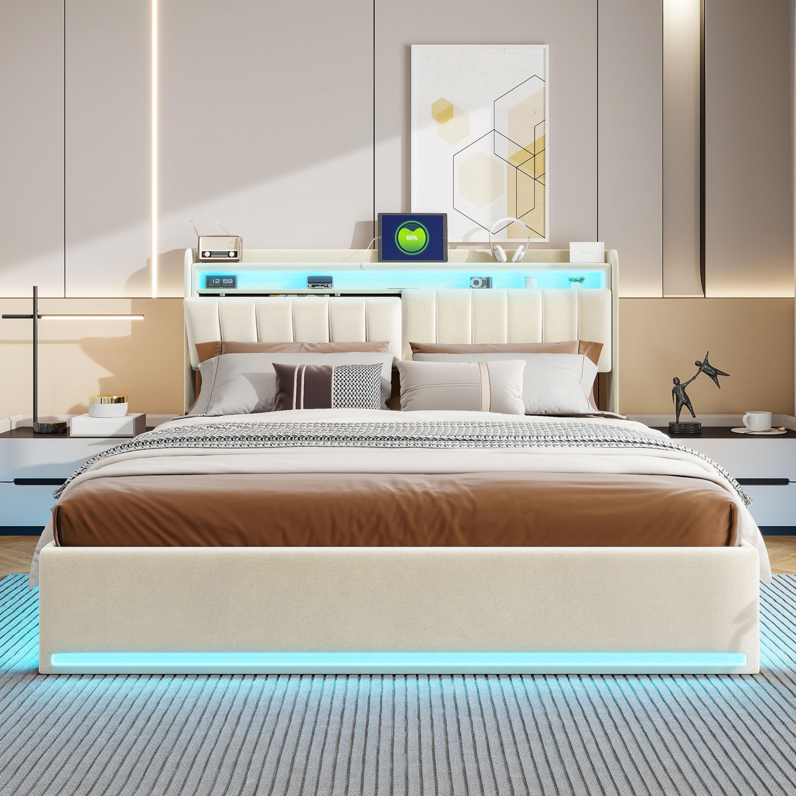 LIVLUX Lit Coffre 160x200 cm avec Éclairage LED et Port USB, Lit 2 Personnes avec Rangement Hydraulique, lit Double Rembourré pour Adultes et Adolescents (Beige, 160 x 200 cm)