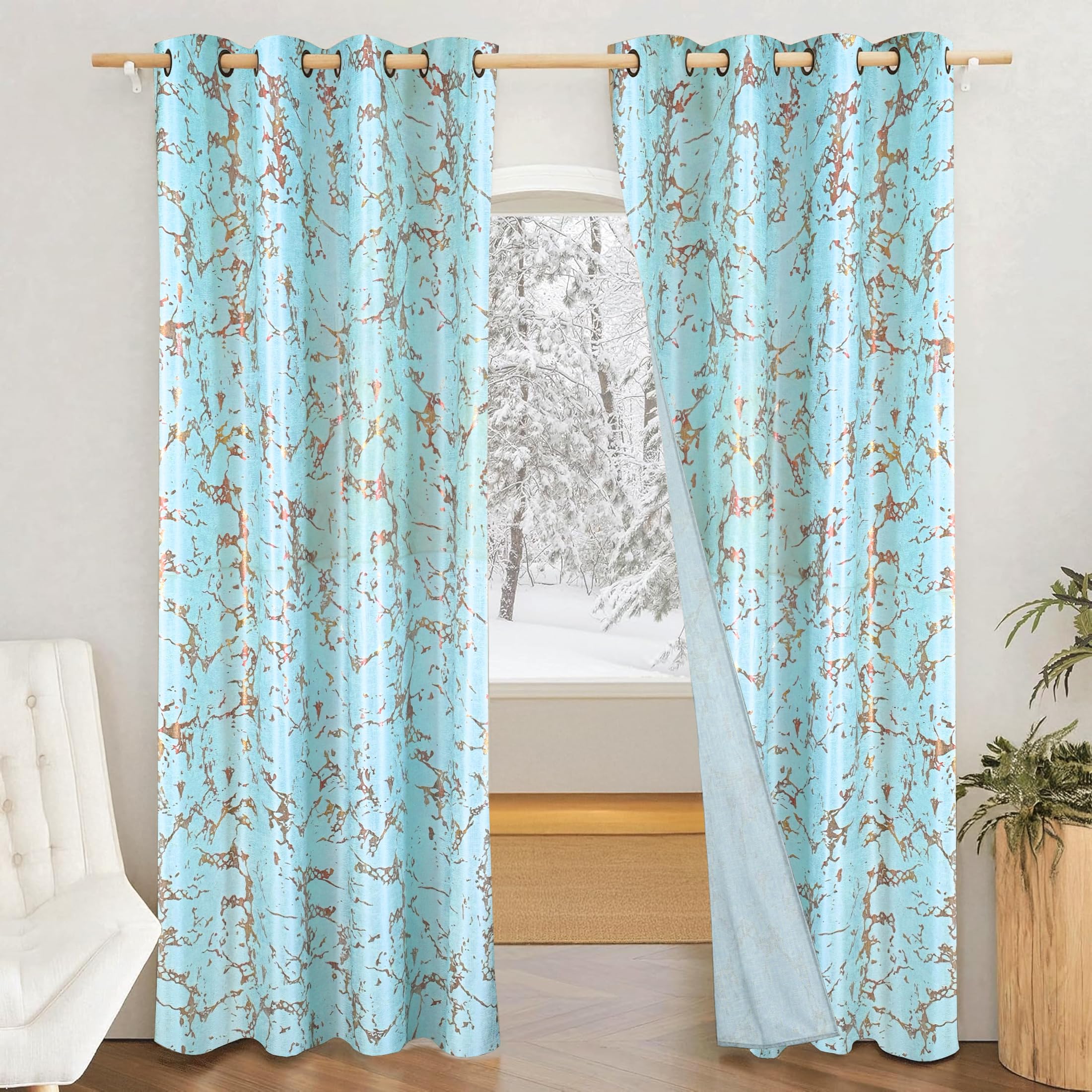 Amazon Brand - Solimo Polyester 75% Blackout Knitting Foil Door Curtains|Blackout Door Curtains|7 Feet|Set of 2|Abstract Print Design |for Living Room Kids Room and Bedroom |Blue|Light-Filtering