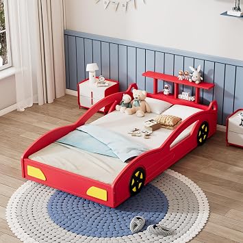 LUMISOL Twin Size Bed Frames for Kids, Race Car-Shaped Platform Bed Frame with Wheels & Guardrails for Boys Girls, No Box Spring Needed, Red+Yellow