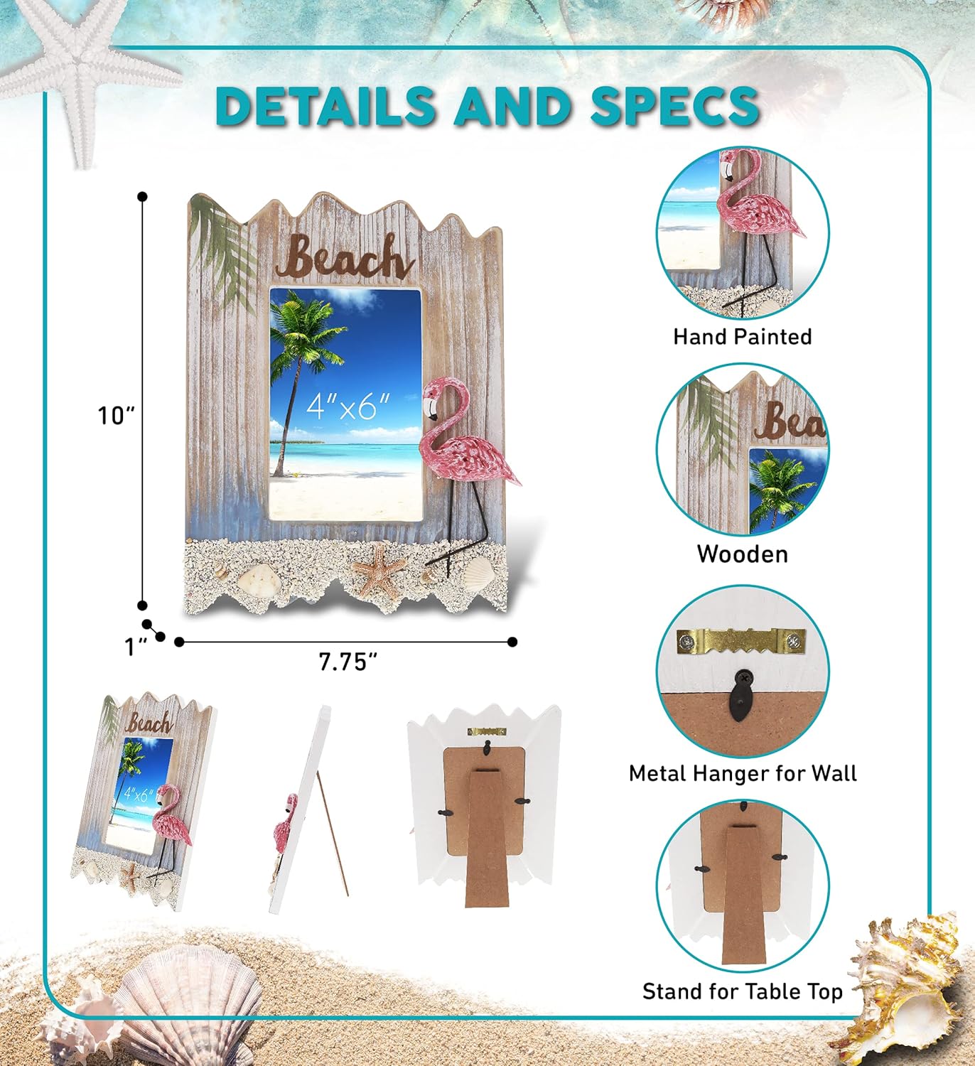 CoTa Global 4x6 Wooden Picture Frame - Handcrafted Beach Sand, Seashell Ornaments, and Pink Flamingo Decor Photo Frame for Wall or Tabletop Photo Display - 10 Inches